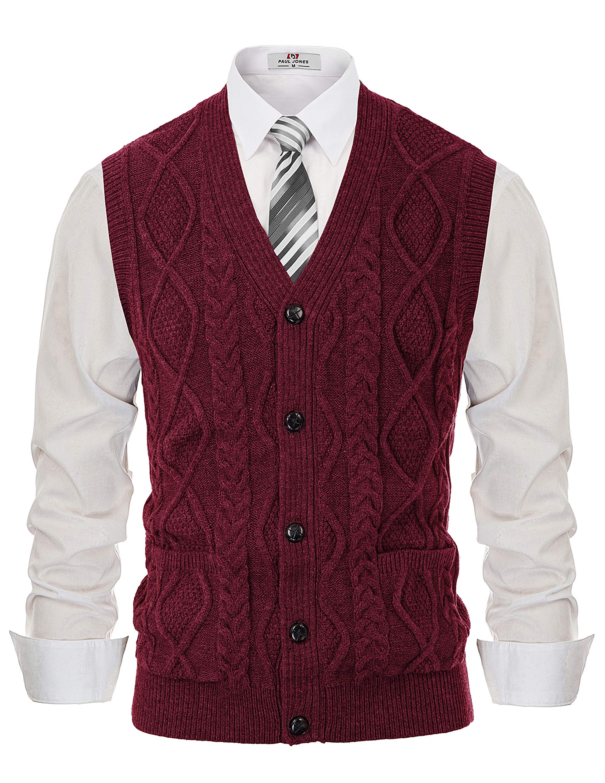 PJ PAUL JONES Mens Cable Knit V Neck Sweater Vest Button Up