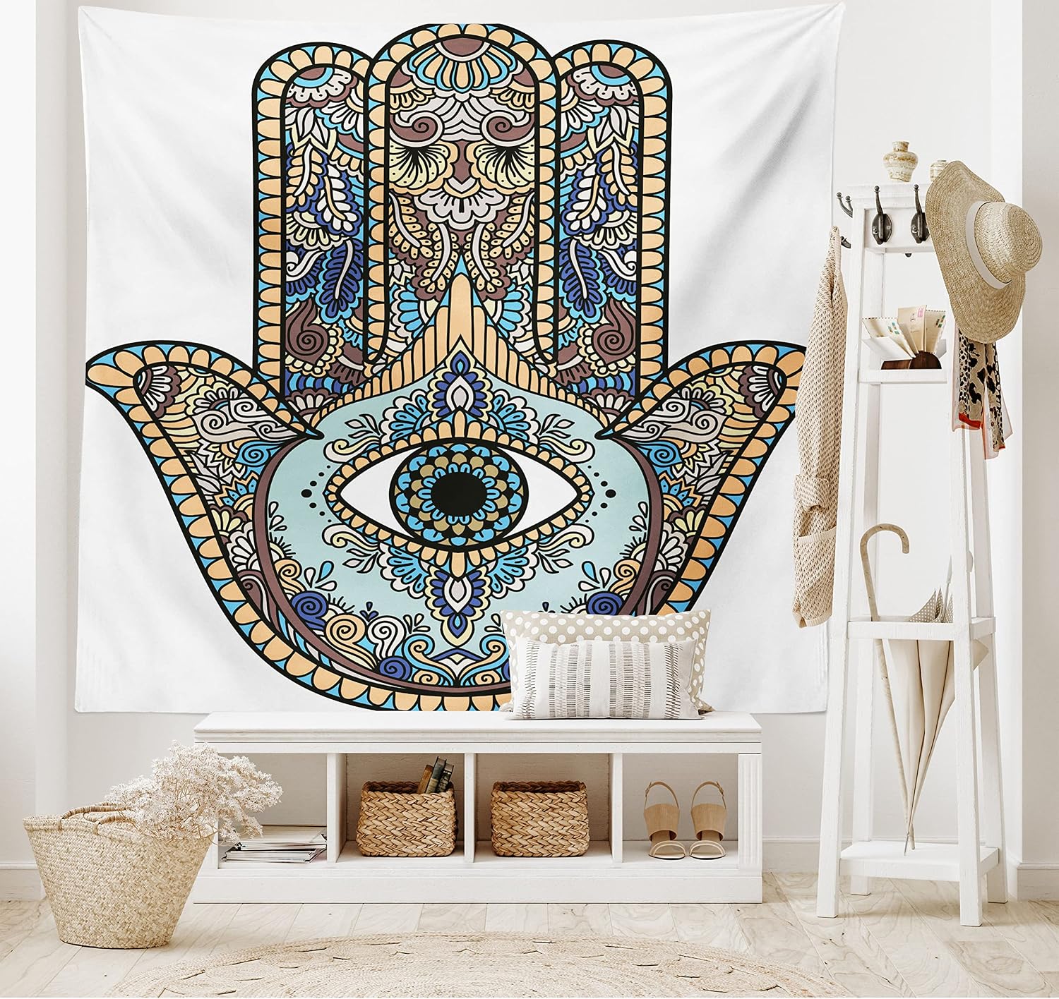 Lunarable Hamsa Tapestry, Eye in Hand with Vintage Bohemian Patterns on White Background, Fabric Wall Hanging Decor for Bedroom Living Room Dorm, 45" X 30", Dark Cream