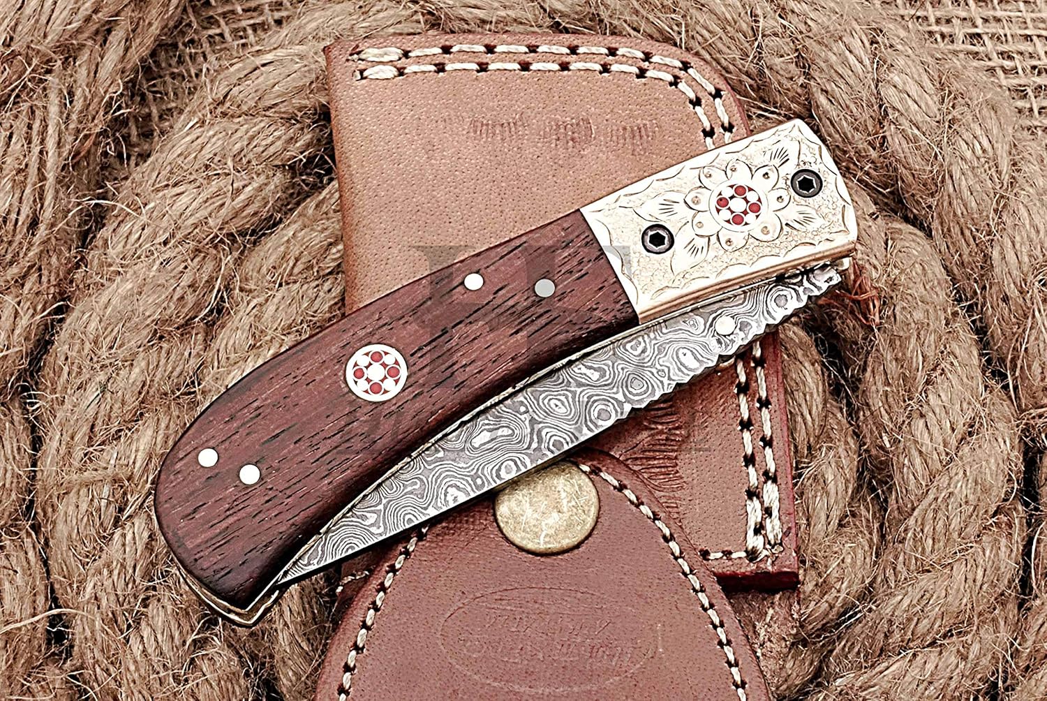HUNTEX Custom Handmade Hand-Forged Rain Drop Pattern Damascus Steel 4 Inch Long Natural Walnut Wood Handle Razor Sharp Camping Hunting Folding Pocket Tanto Knife with Genuine Leather Pouch