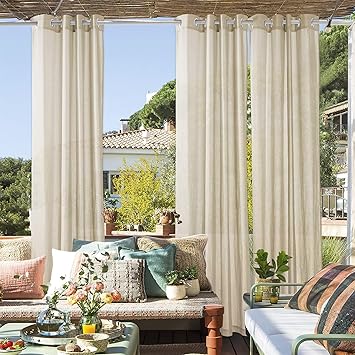 RYB HOME 2 Panels Outdoor Sheer Curtains for Patio Waterproof - Natural Linen Privacy Added Light Filtering Drapes with Tie Ropes for Gazabo Porch Pergoa Balcony, 52 X 84 Inches, Beige