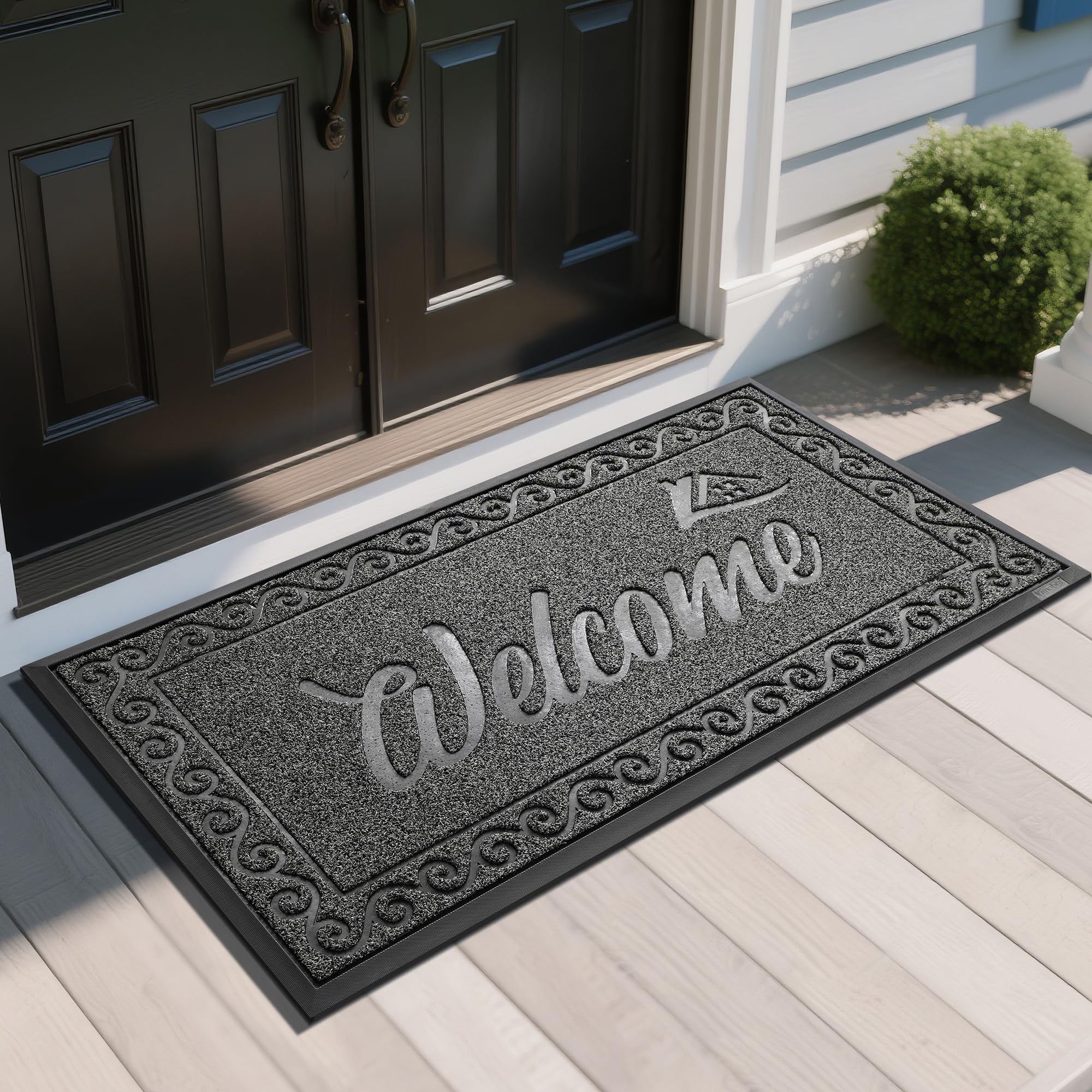 yimobra welcome mat, heavy duty sturdy door mats for home entrance outdoor indoor, front doormat for outside patio floor entry porch garage office, waterproof, low profile, 47 x 24, black grey