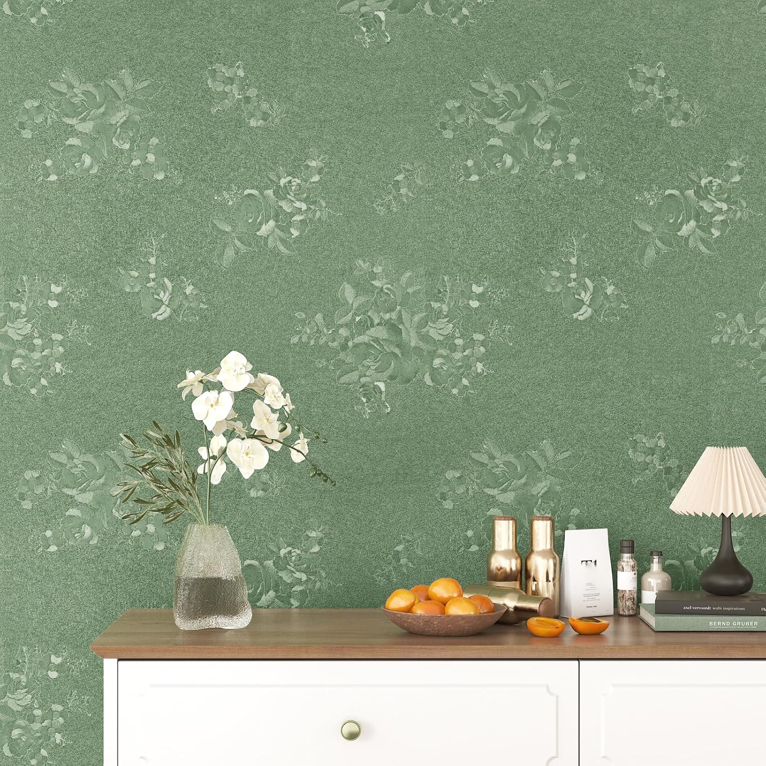 Embossed Green Floral Wallpaper Stick and Peel Textured Vintage Green Wallpaper with Flowers 15.7''x200'' Removable Adhesive Sage Contact Paper for Cabinets Drawers Bedroom Bathroom Walls