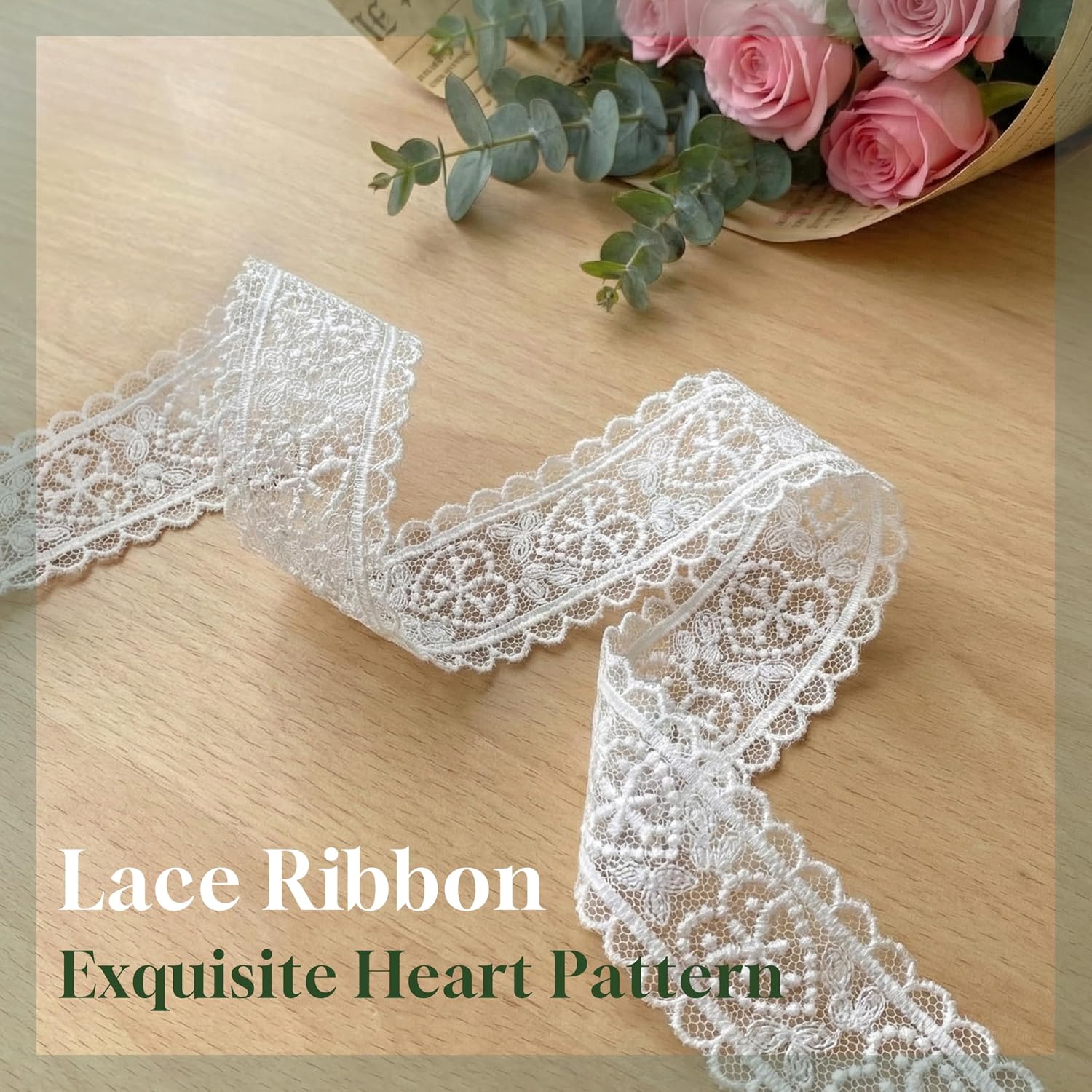 7.5 Yards Heart Lace Ribbon White Lace Trim (1.1 Inch Wide) - Vintage Polyester Sewing Fabric for Crafts, Bridal Wedding Decoration, Gift Wrapping, Scrapbooking & DIY Headbands - Non-Stretch