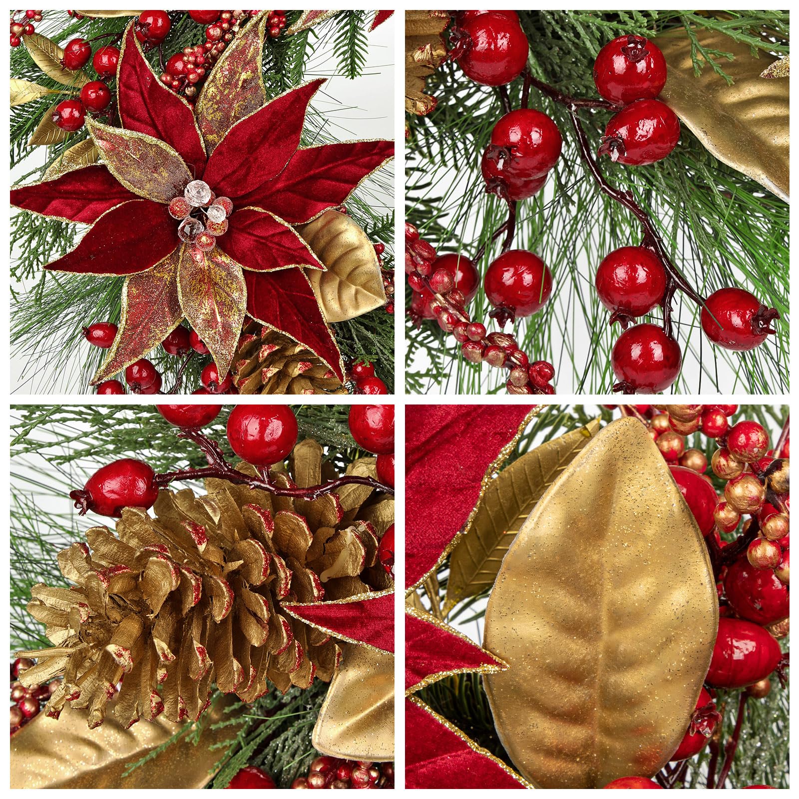 Arbrous - Corona de Navidad para puerta delantera, coronas de Navidad de 24 pulgadas, corona de Navidad con flores rojas de pascua, conos de pino, bayas, hojas de magnolia, coronas de invierno para