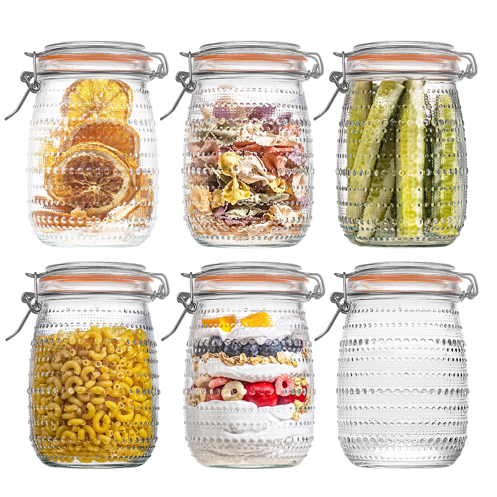 WACOI 32 Oz Glass Mason Jars with Airtight Lids 6 Pack, Wide Mouth Canning Jars with Clip Top Lids for Kitchen Storage Pickling Salad Jams Coffee