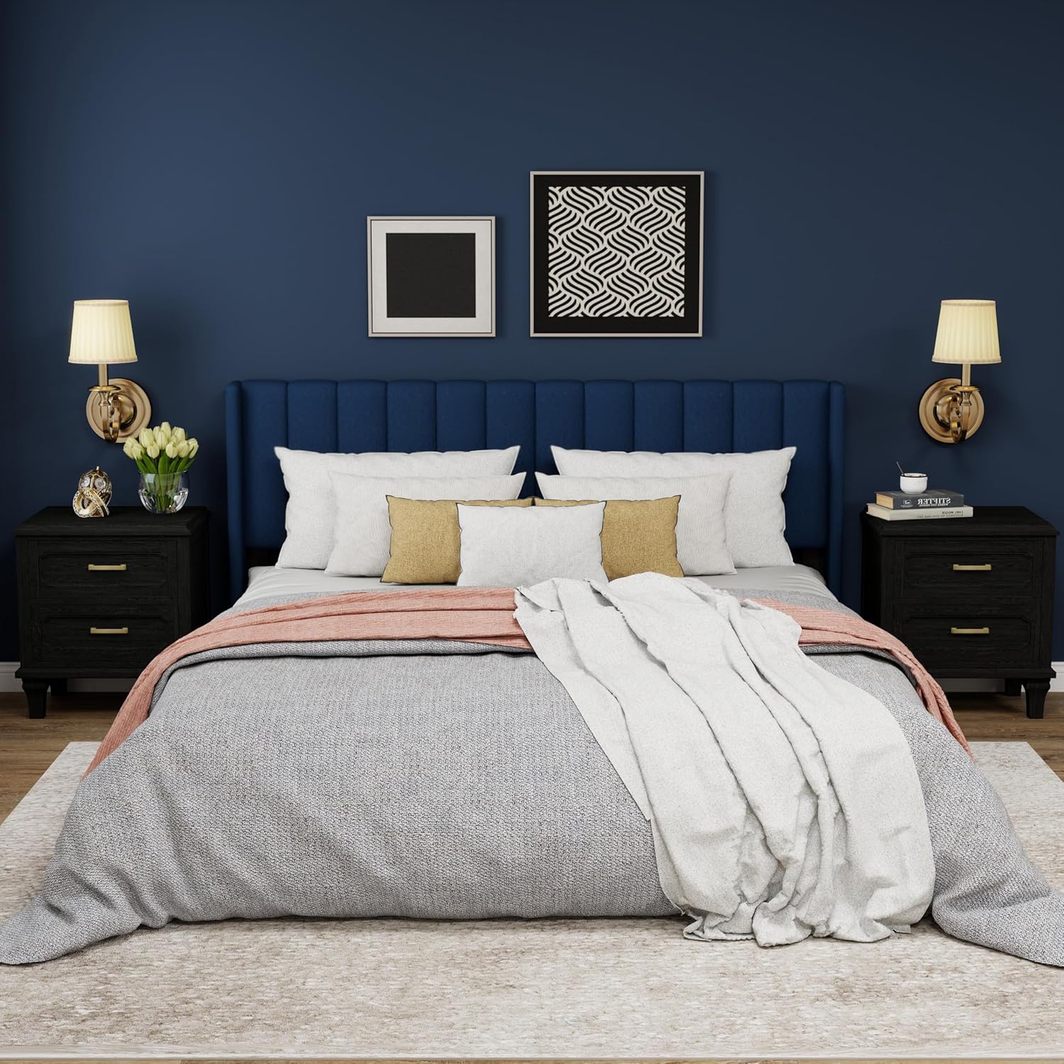 Upholstered Platform King Size Bed Frame with Headboard Wooden Slats Support No Noise Easy Assembly Blue Velvet