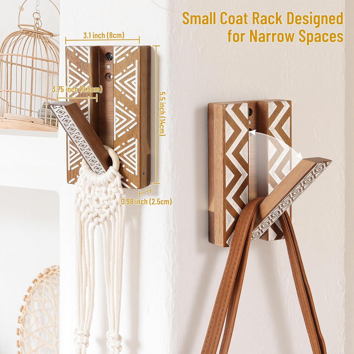 Boho Foldable Wall Hooks: Decorative Wooden Coat Hooks 2Pack Mounted for Heavy Duty Hanging Towels Backpack Bags Hats, Space Saving Home Decor for Aesthetic Homeowners