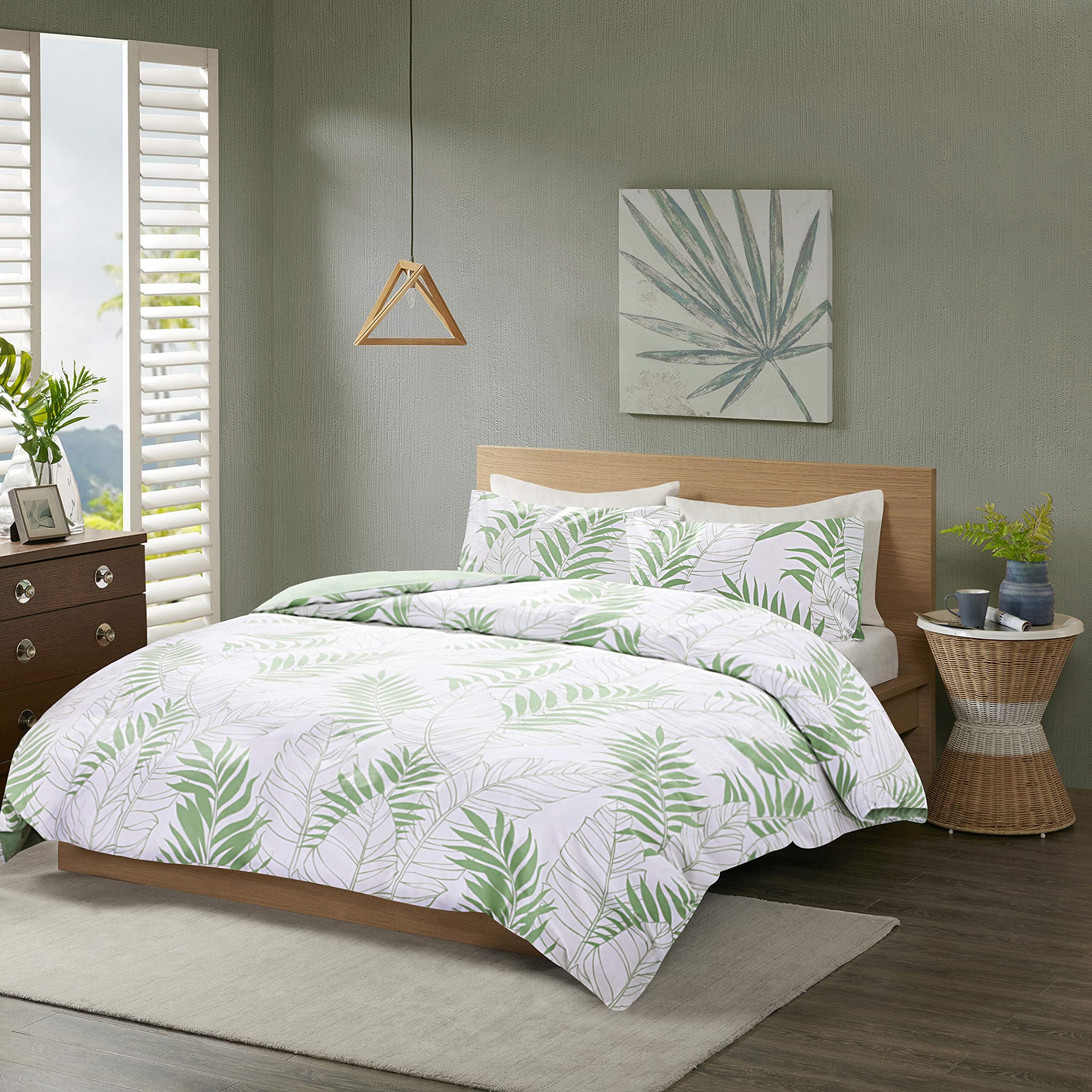 Tropical leaves Printed Duvet Cover Set Double Size - Exotic Pattern with Palm Leaf Motifs Design - 3 Pics Ultra Soft Hypoallergenic 100% Cotton Quilt Cover Sets