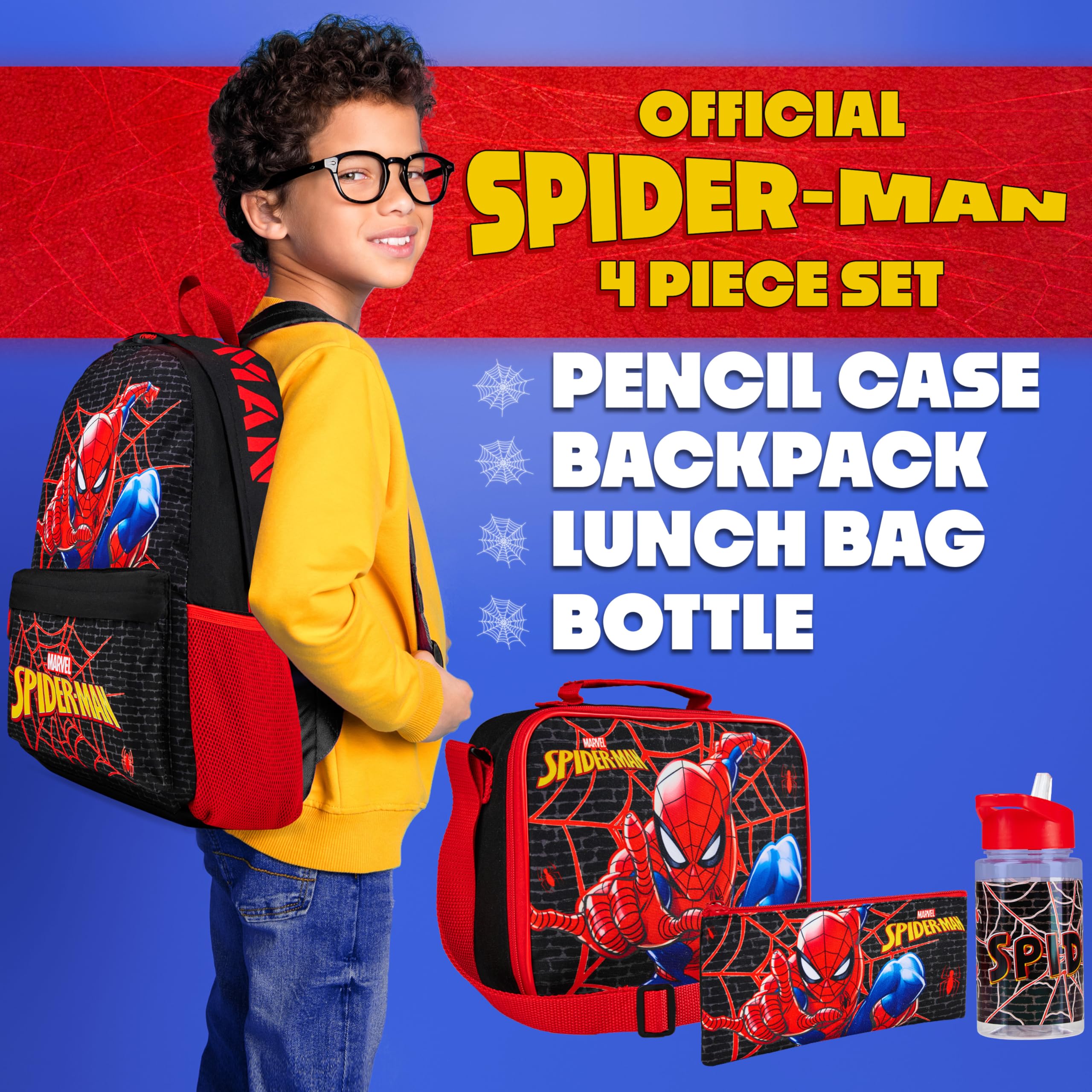 Marvel Spiderman Mochila Escolar Set de 4 Piezas con Botella Agua Estuche Niño Bolsa Almuerzo Superheroes Material Escolar