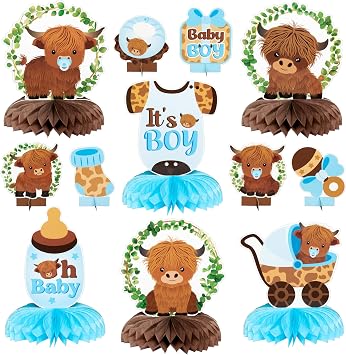 12Pcs Greenery Highland Cow Honeycomb Centerpieces Blue Highland Cattle Party Table Decoration Its a Boy Gender Reveal Cutout Welcome Baby Party Table Topper Photo Prop Decor