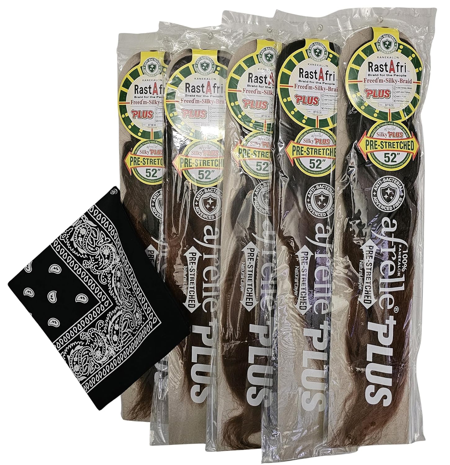 RastAfri Pre-Stretched Silky Braiding Hair with Bandana - 5 single packs (#1B)