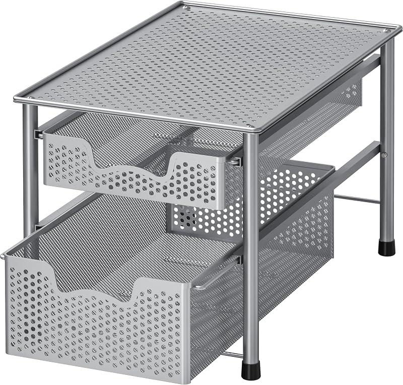 Stackable 2 Tier Sliding Basket Organizer Drawer, Silver