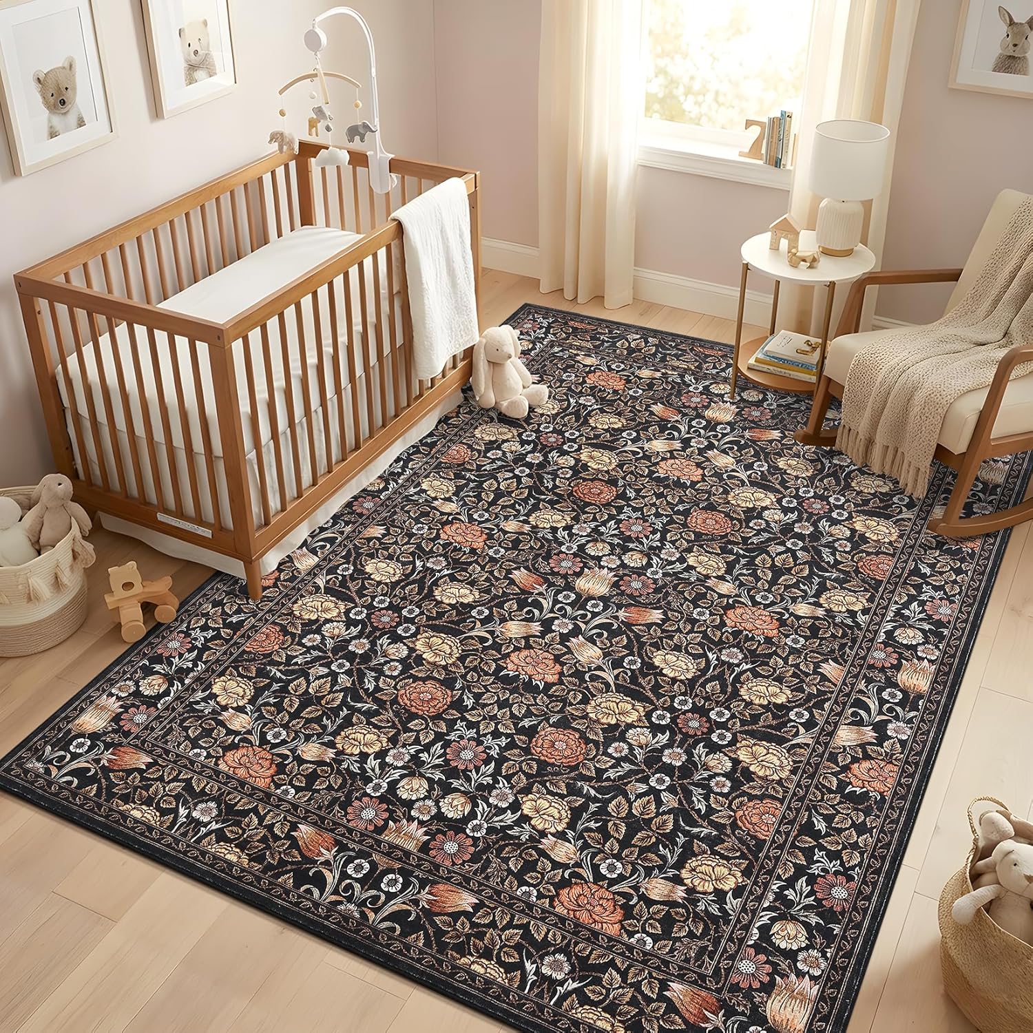 GarveeHome Brown Vintage Floral Washable Rugs 5x7 for Living Room Black Boho Botanical Retro Rug Low Pile Stain Resistance Non Slip Carpet for Bedroom Nursery Dining Room - Image 4