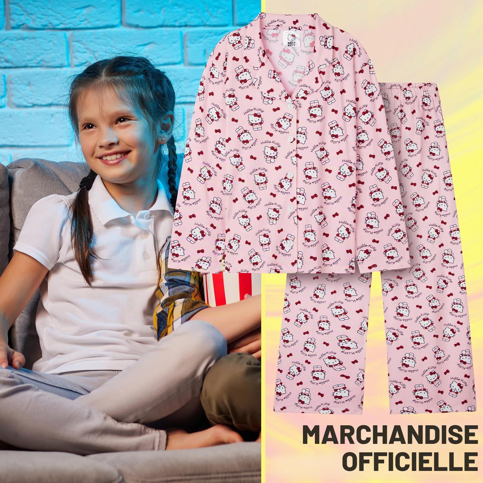 Hello Kitty Sanrio Pyjama Fille et Ado, Ensemble Haut et Bas, Tenue de Nuit Enfant Kawaii, Pyjama Hiver Doux et Confortable