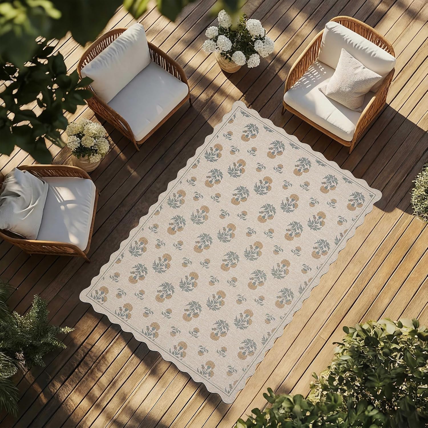 ORTIGIA Scalloped Easy Jute 5x7 Area Rug Vintage Yellow Floral Farmhouse Washable Rug Non-Slip Indoor Outdoor Carpet for Living Room Bedroom Patio Entryway