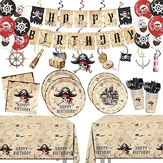 203pcs Pirate Plates Napkins Birthday Party Decorations Disposable Tableware Set Paper Cups Banner Tablecloths Hanging Swirls Ballons Pirate Party Supplies for Kids Boys Birthday Decor 24 Guests