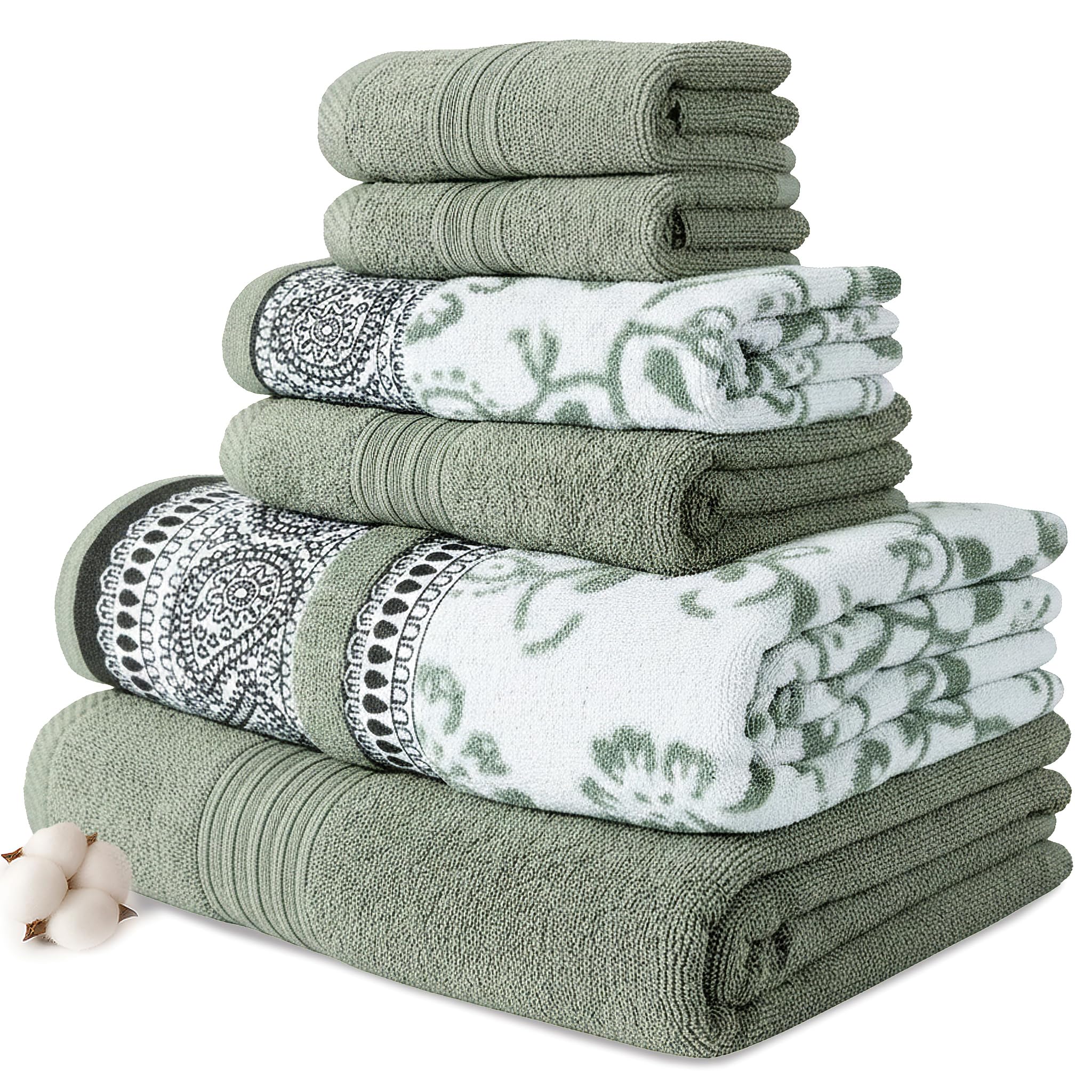 Modern Threads 6 Piece Set, 2 Bath Towels, 2 Hand Towels, 2 Washcloths Yarn Dyed Jacquard/Solid Towel Set Ophelia Dark Sage