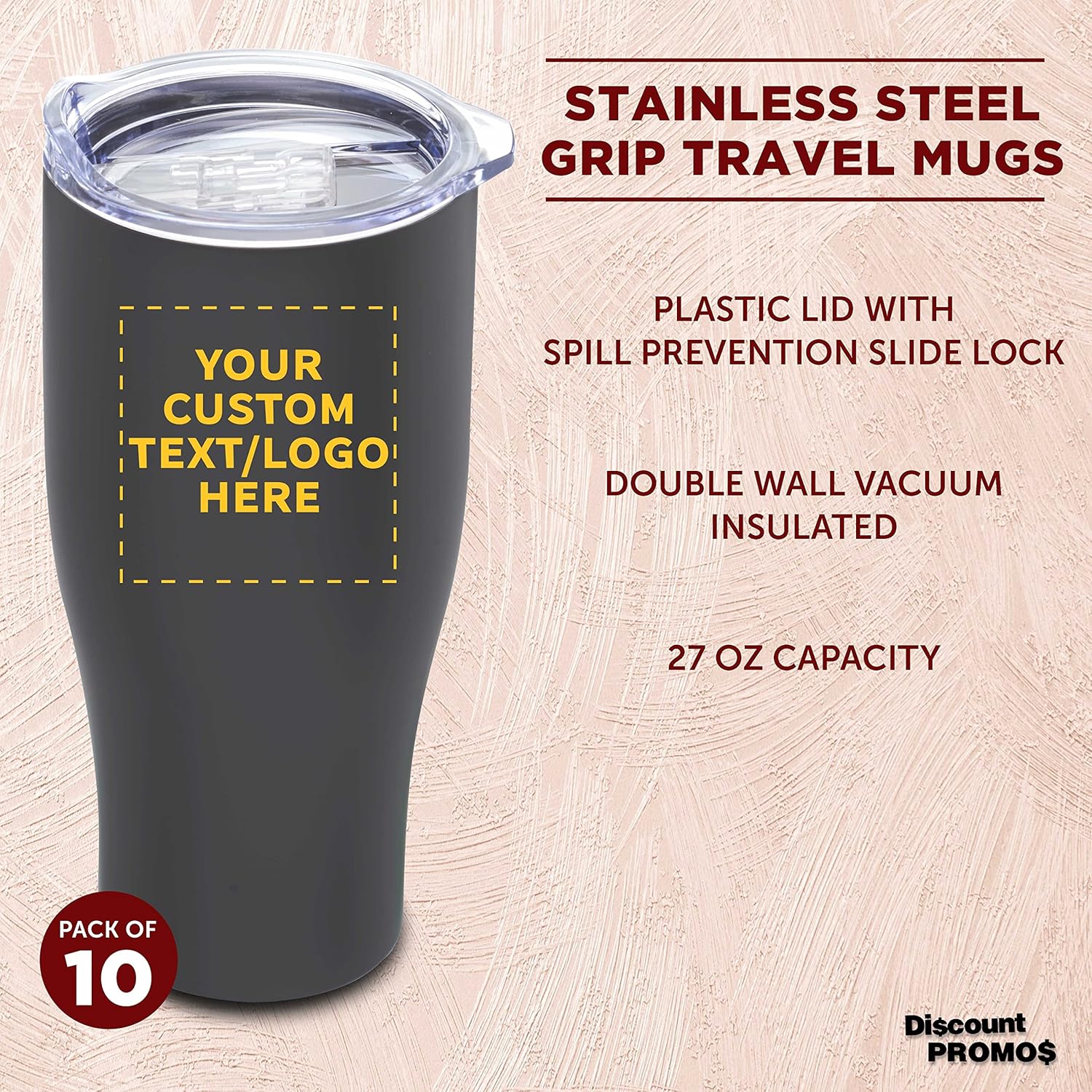 Custom Stainless Steel Grip Travel Mugs 27 oz. Set of 10, Personalized Bulk Pack - Perfect for Coffee, Soda, Other Hot & Cold Beverages - Smoke - Image 3