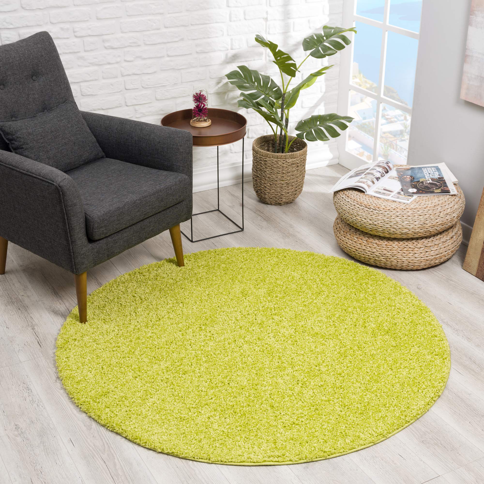 Impression Teppich Rund - Perfect Teppiche fürs Wohnzimmer, Flur, Schlafzimmer, Kinderzimmer, Babyzimmer - Hochwertiger Öko-Tex Zertifizierter Flächenteppich - Solid Color Hellgrün - 200 cm Rund