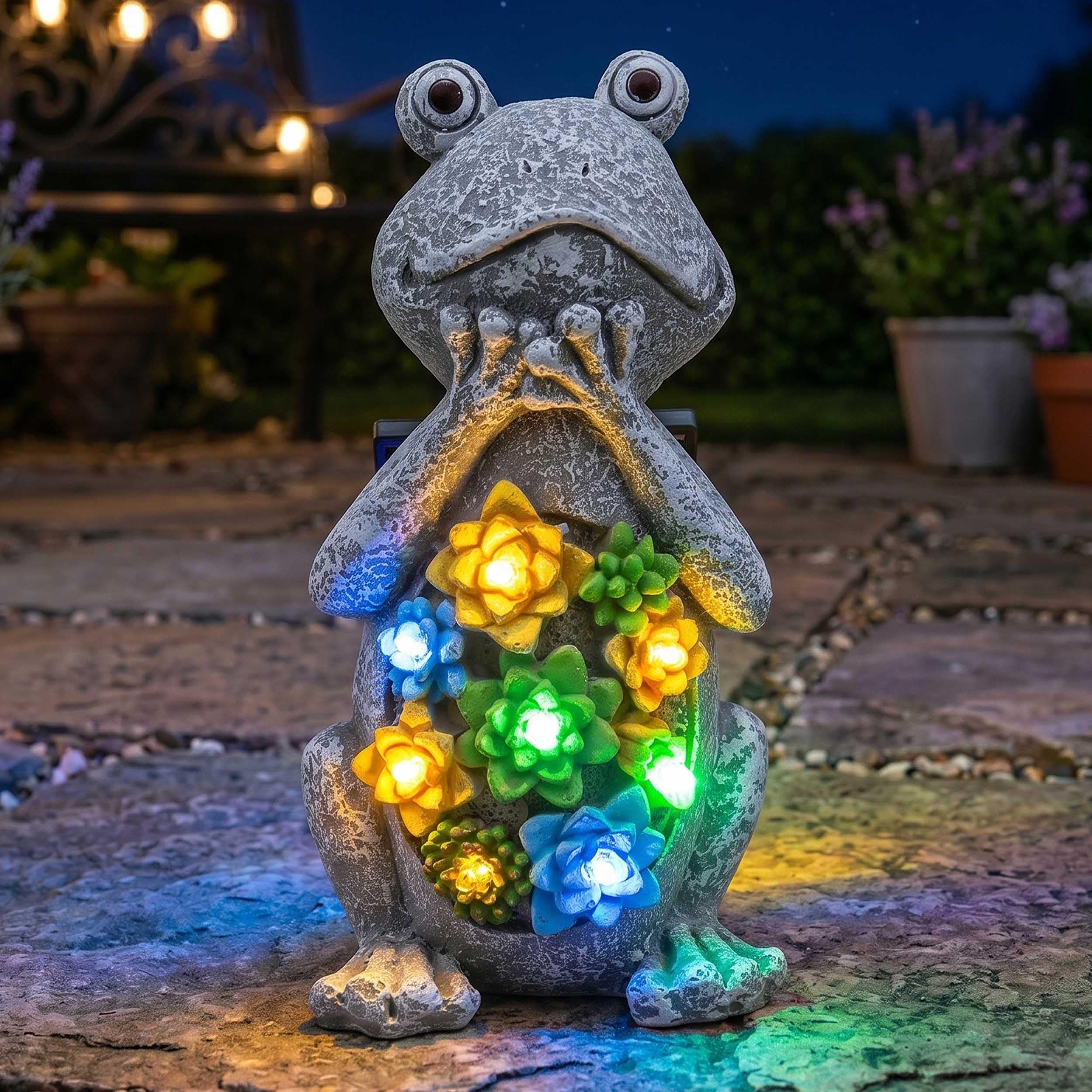 Solar Frog Garden Ornament with Lights – Pack of 1 - 24cm/9.5 inch Outdoor Frog Statue with Succulent Plant & LED Lights, Decorative Figurine for Patio, Balcony, Yard, Lawn – Unique Housewarming Gift — image 1