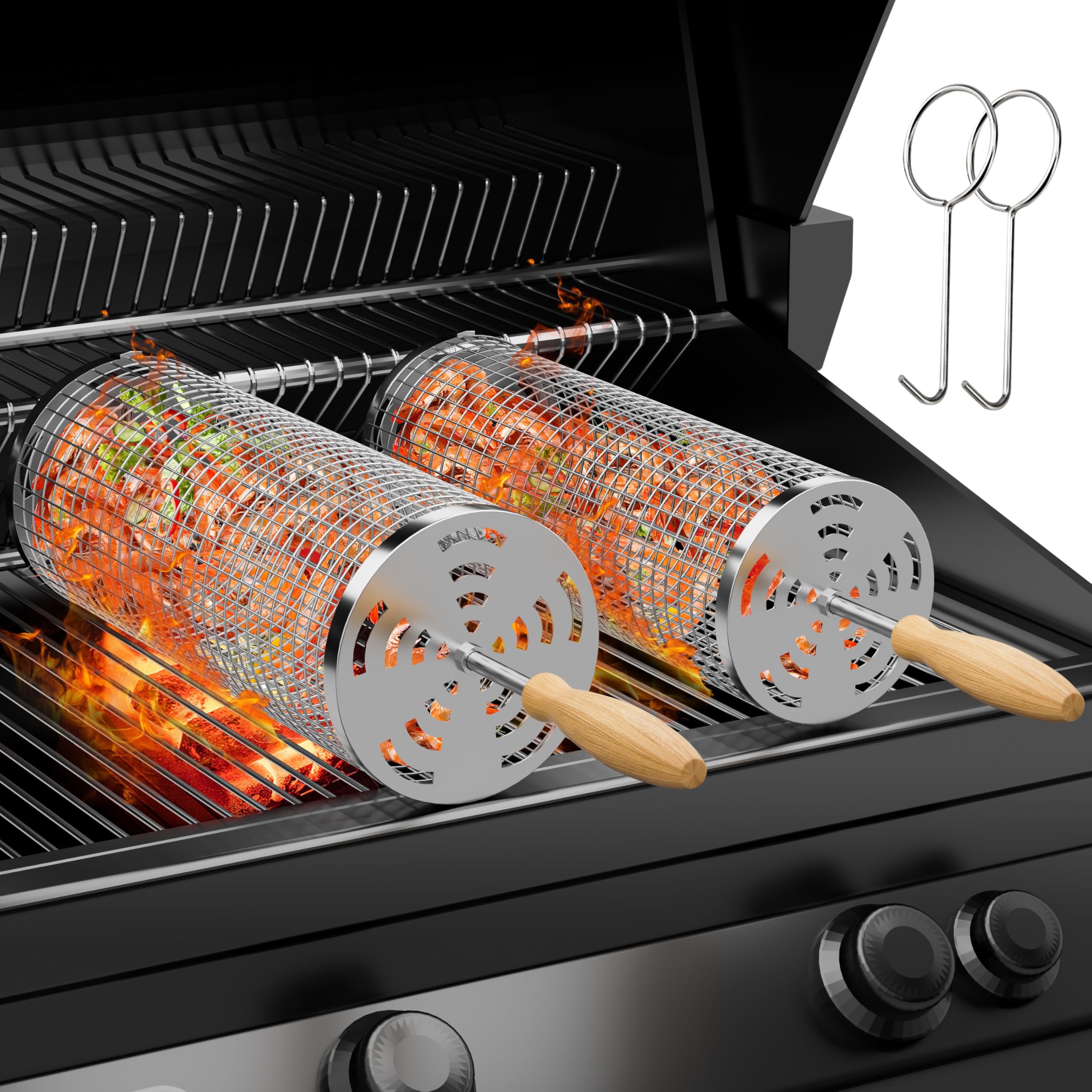 Rolling Grill Basket 2-Pack, 304 Stainless Steel Grill Basket with Removable Wooden Handle, BBQ Tool & Grill Accessories for Veges & Shrimp,Ideal for Outdoor Grilling, Camping & Gifts for Dad/Men
