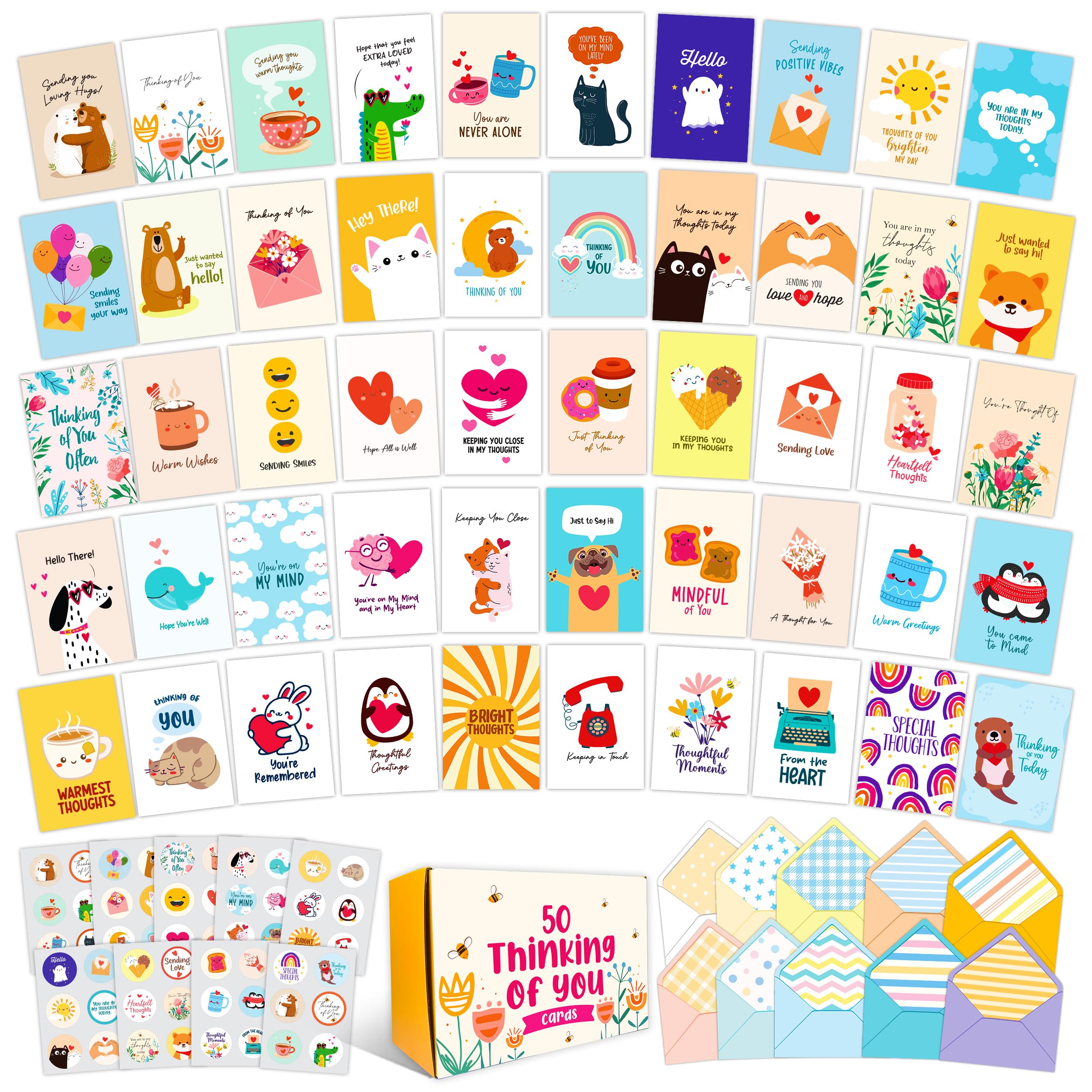 Decorably 50 Pack 5x7in Assorted Bulk Thinking of You Cards with Envelopes and Stickers, 50 Folded Adorable Designs for Loved Ones with Printed