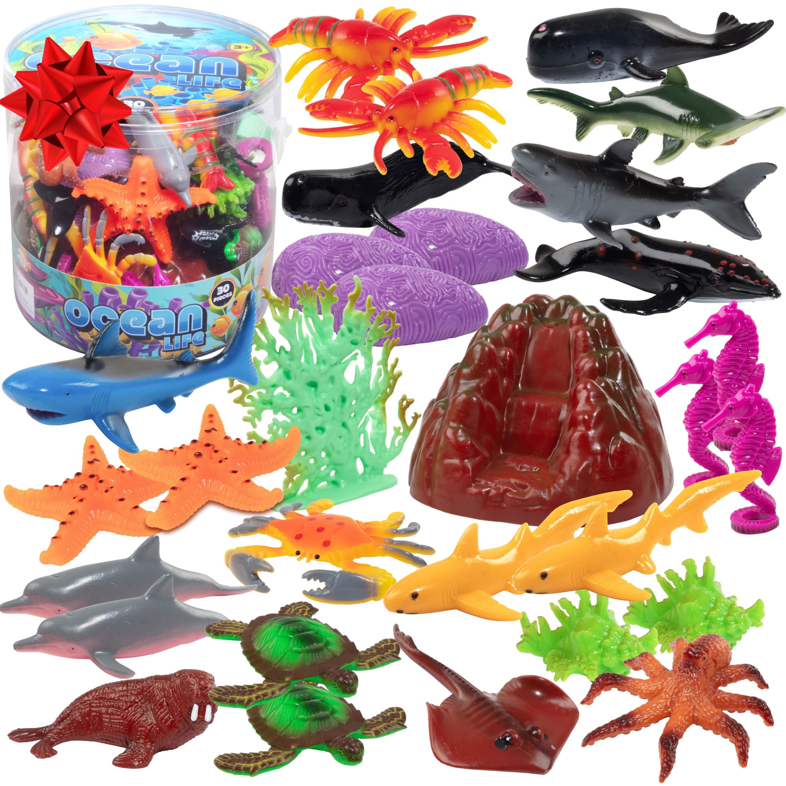 Ocean Animal Toy Set 30pcs – Marine Life Sea Creature Playset with Sharks, Dolphins, Turtles, Crabs & Ocean Plants – Educational Bath Toys with Storage Bucket – Stocking Stuffers & Xmas Gift for Kids