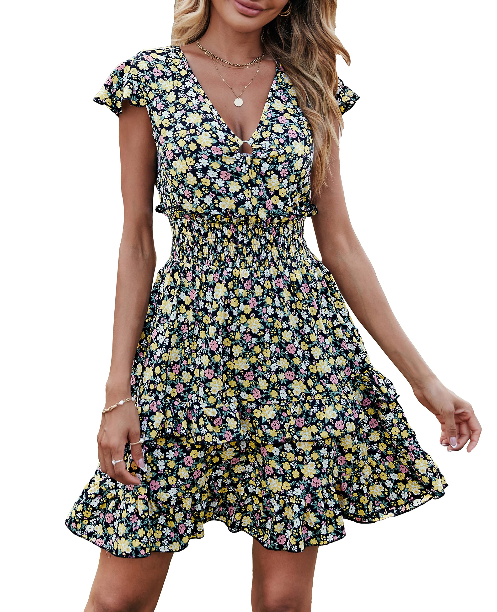 PRETTYGARDEN Women's Boho V Neck Floral Print Ruffle Sleeve Layered Mini Dress Cute Smocked Waist Short Dress(X-Large, Black)