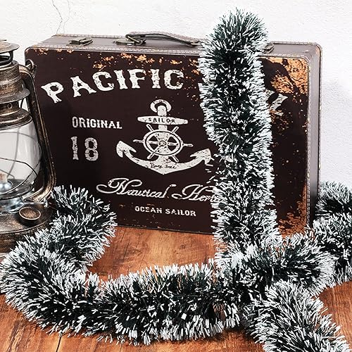 Miniatura 3 de Waydress 2 guirnaldas de oropel verde oscuro para decoración de árbol de Navidad, guirnalda metálica de nieve blanca, serpentinas colgantes para