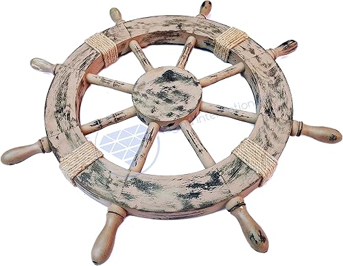 Miniatura 7 de Nagina International Rueda náutica marrón rústico antiguo de 24 pulgadas Lujosa decoración náutica prémium