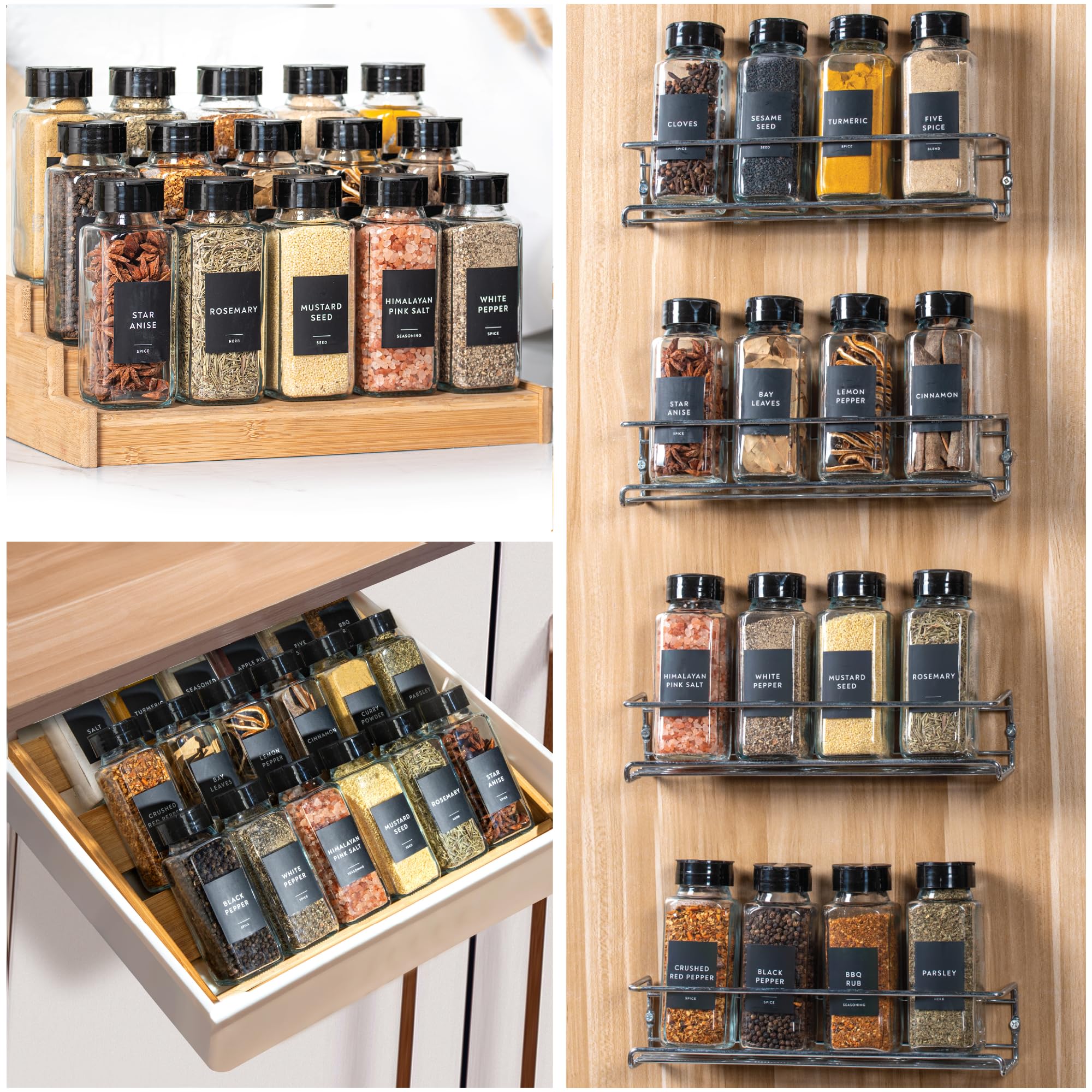 Laramaid 8oz 24Pack Glass Jars with Minimalist Black Premium Spice Labels, Black Plastic Shaker Lid Dispenser, White Chalk Marker, Cleaning Brush and Collapsible Silicone Funnel