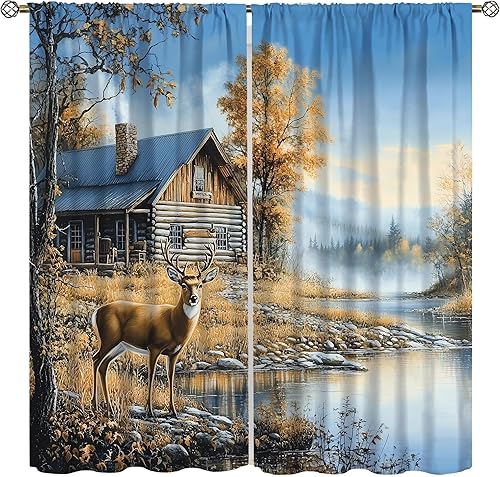 Cortinas de oso de estilo rústico de estilo rural, diseño de oso a cuadros verdes retro, fondo de madera, con bolsillo para barra, cortinas de