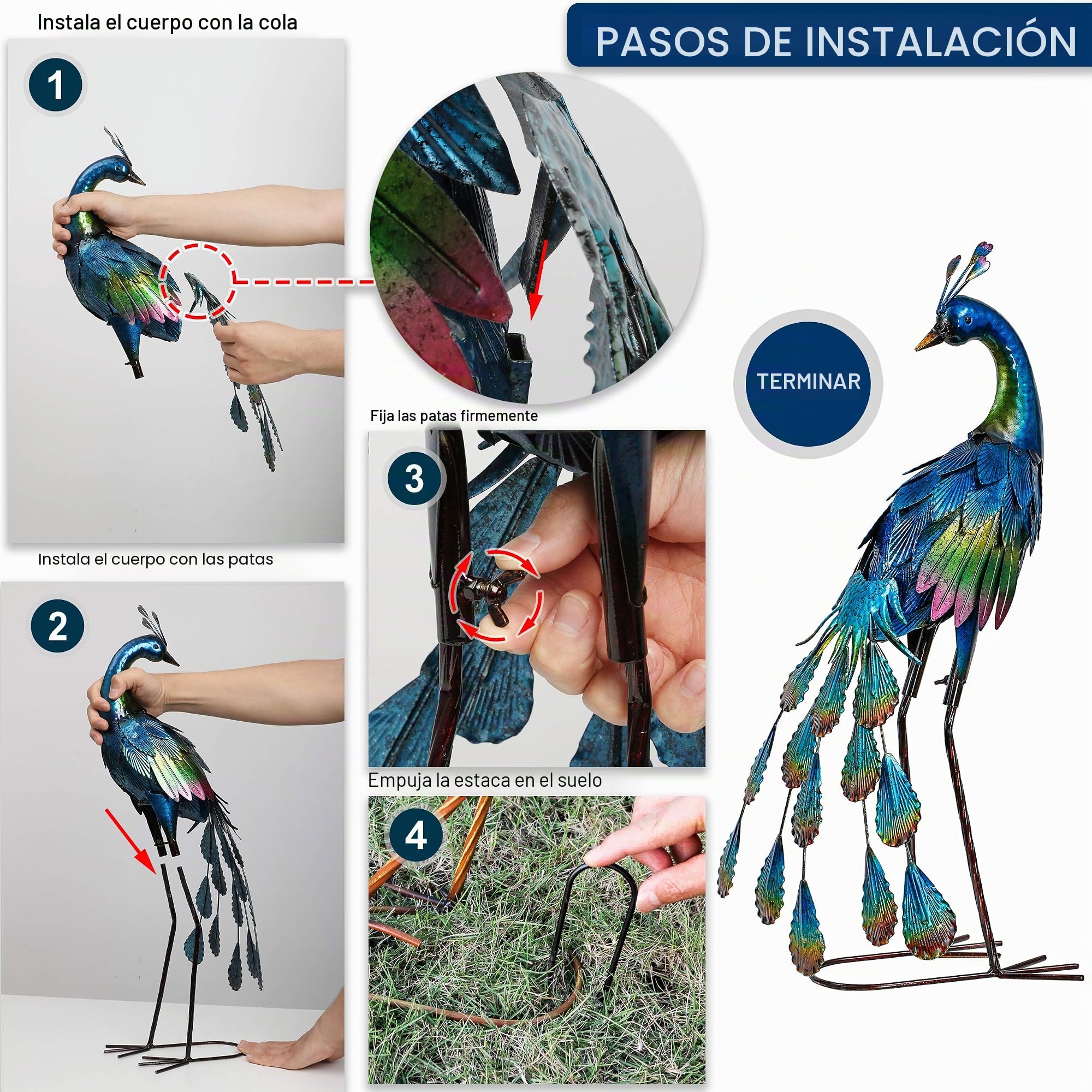 TERESA'S COLLECTIONS Decoración al Aire Libre, diseño de Pavo Real, esculturas y estatuas de jardín, Adornos de Metal Azul para césped, Decoraciones Exteriores de 22.4 Pulgadas para Porche, Patio,