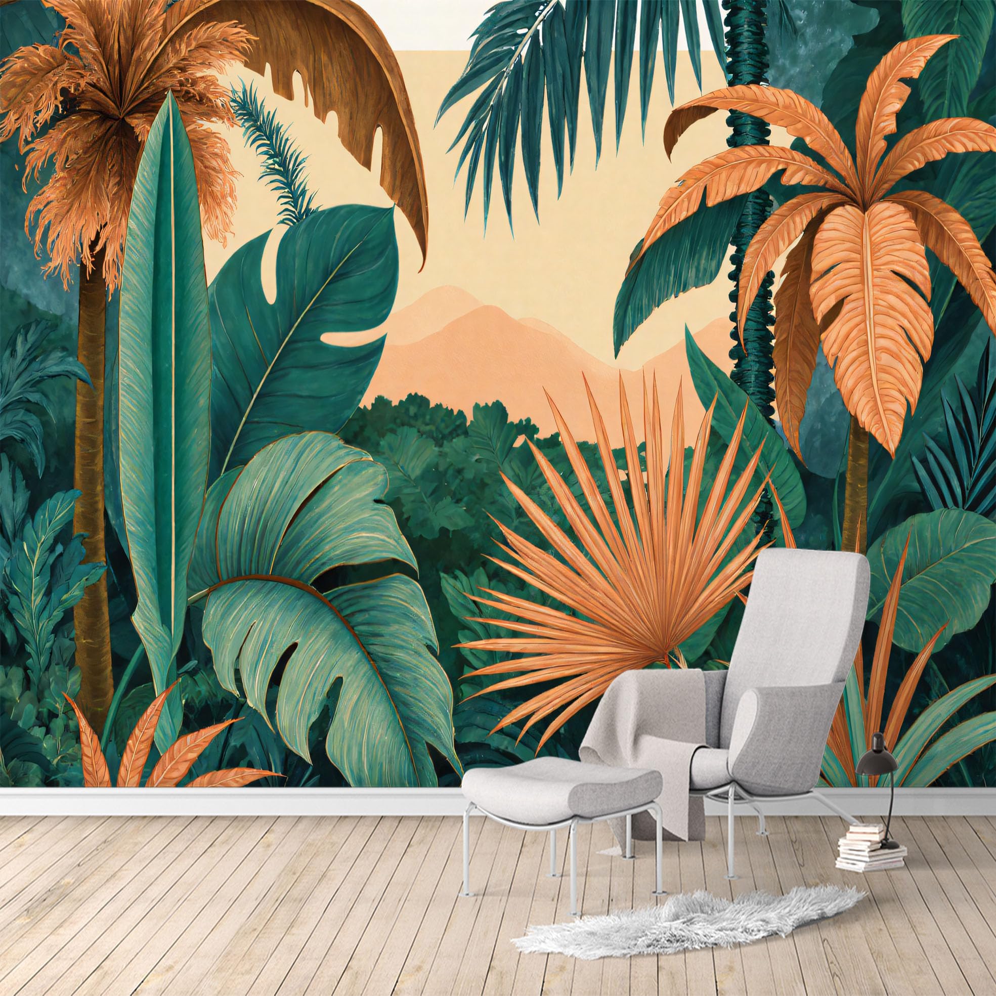 Custom Size Wall Murals,Tropical Jungle Palm Leaves Sunset Landscape,SelfAdhesive Water Activated Removable Wall Covering,Large Photo Wallpaper for Living Room Bedroom Office