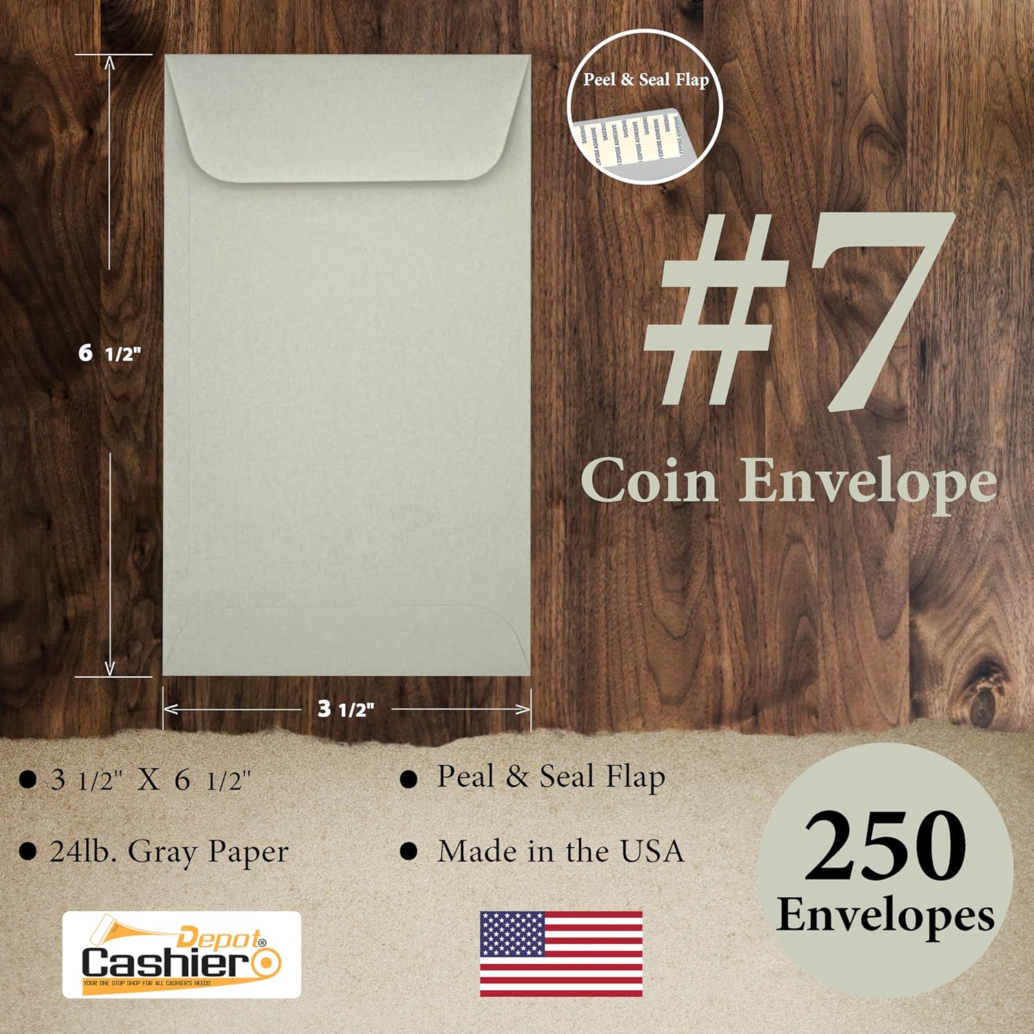 250 Cashier Depot #7 Coin & Money Envelopes, Open End, Peel & Seal, 3-1/2" x 6-1/2", 24 lb Paper, Made in USA, 250 Count (Gray)