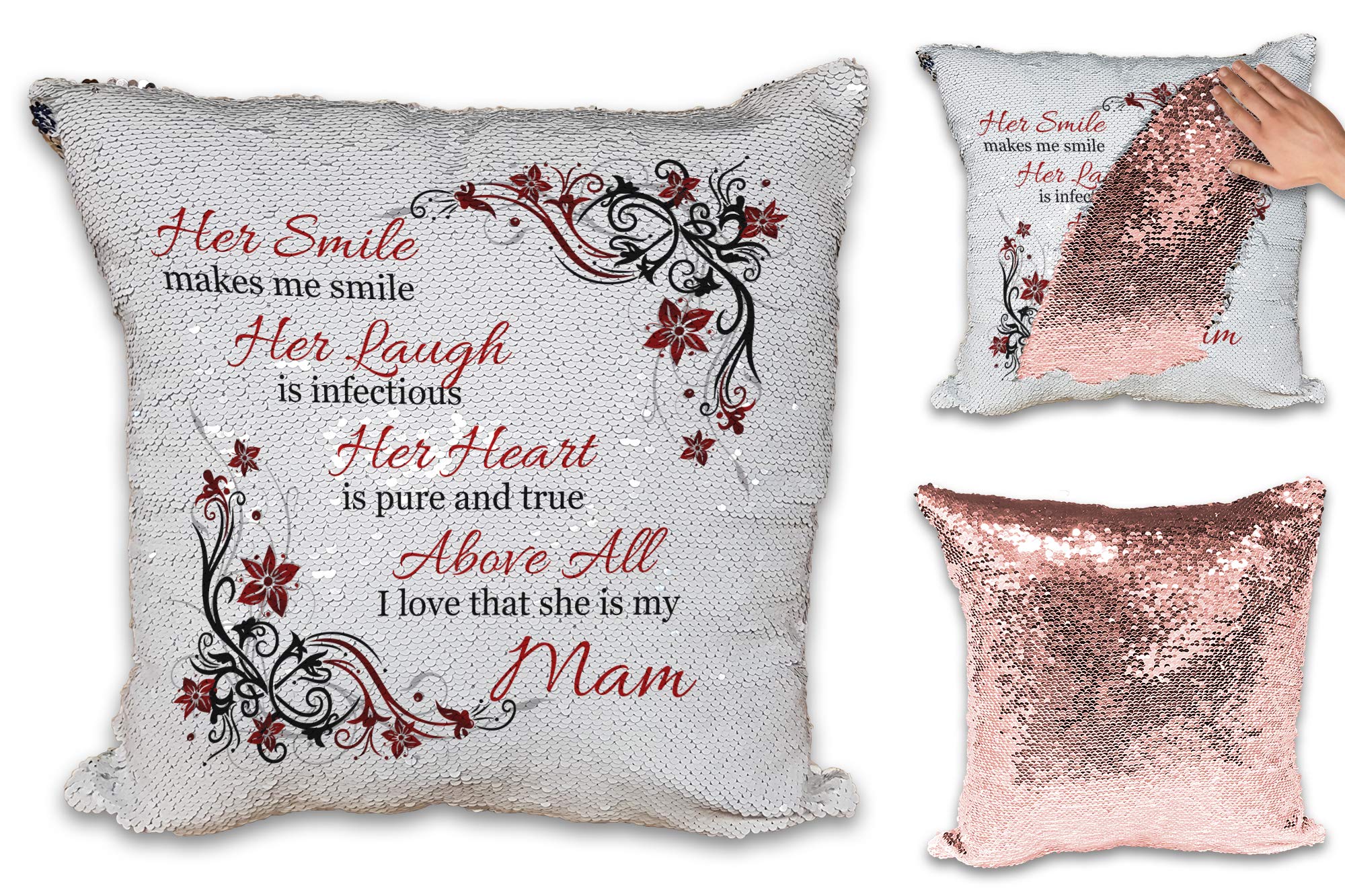 Her Smile Makes Me Smile Mam Sequin Reveal Magic Cushion Cover - Rose Gold