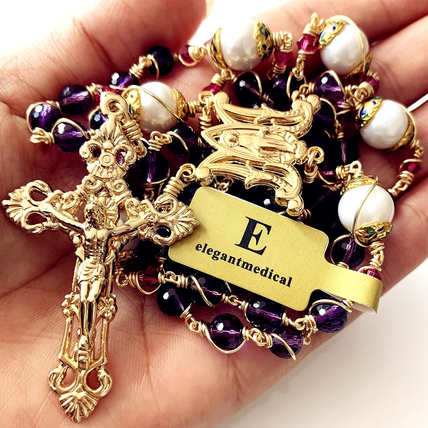 elegantmedical HANDMADE Gold Wire Wrapped Amethyst Beads &10mm Real Pearl Beads Rosary Cross/Crucifix Necklace Gift Box (Amethyst)