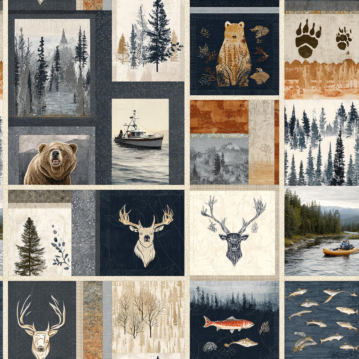 Peel and Stick Wallpaper - American Outdoor Wildlife & Camping Collage, Removable Rustic Forest Mural for Living Room & Bedroom, 17.7x236 Inch