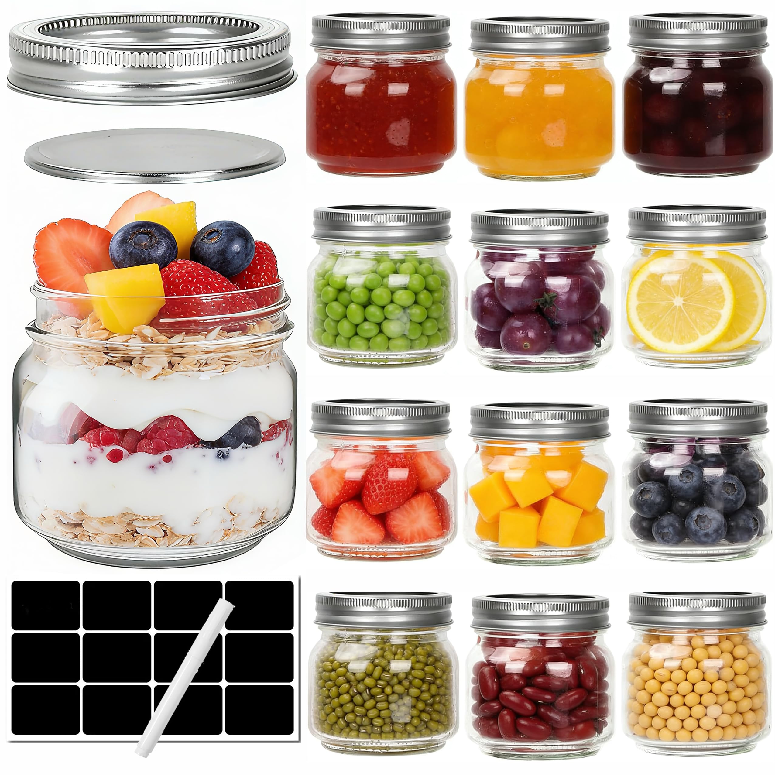 1Zizifa8 Clear 12 Pack Glass Mason Jars, 240Ml Canning Jars With Lids - 8 Oz Airtight Glass Jars For Pickling, Jam, Jelly, Chutney, Fermenting, Honey & Spice Storage - Reusable & Leak Proof