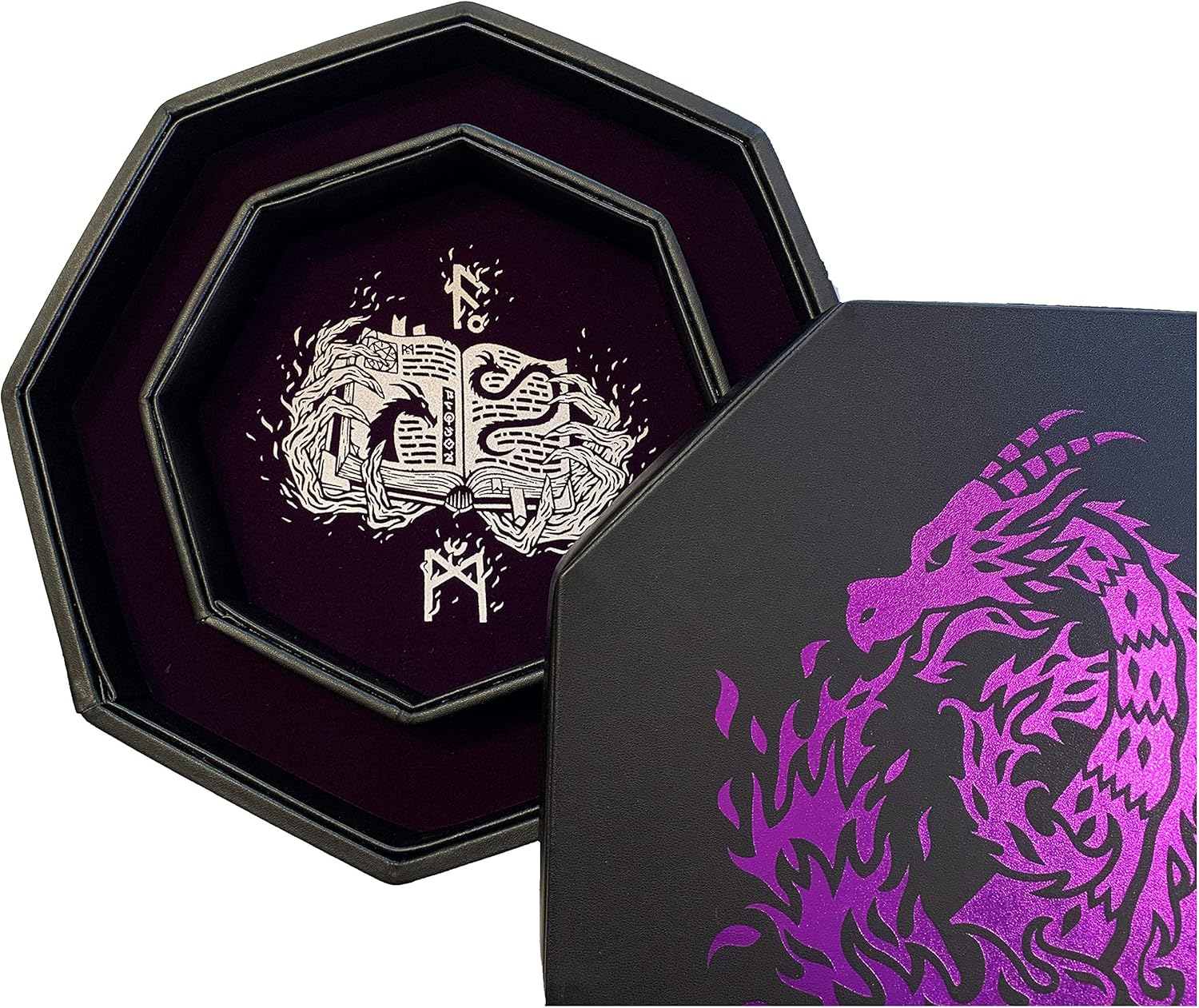 Fantasydice Purple Fire Dragon Dice Tray with Wizard Book Print – 9" Octagon with Dice Staging Area, Holds 5 Dice Sets – Perfect for D&D, Call of Cthulhu, Shadowrun, and All Tabletop RPGs