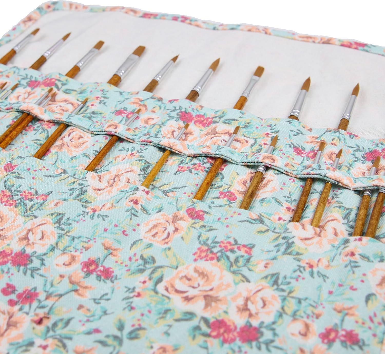 20 Pockets Art Paint Brushes Case Roll Up Pen Holder Canvas Pouch Bag (Floral)