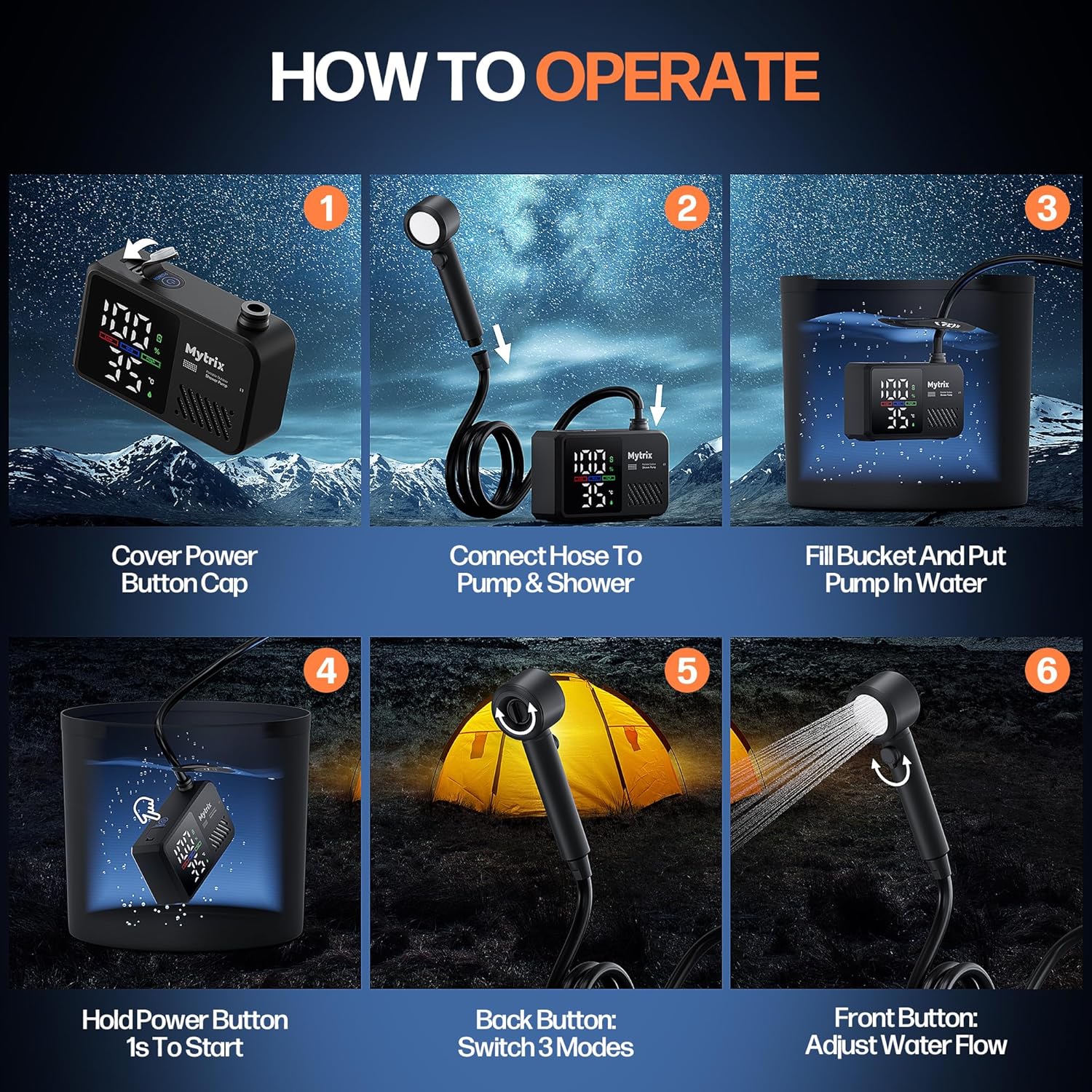 Mytrix Portable Camping Shower Pump with Foldable Bucket, 10L/Min High Flow, 7800mAh Rechargeable Battery, 4 Spray Modes, IPX8 Waterproof Outdoor Shower for Hiking, Travel & Pets