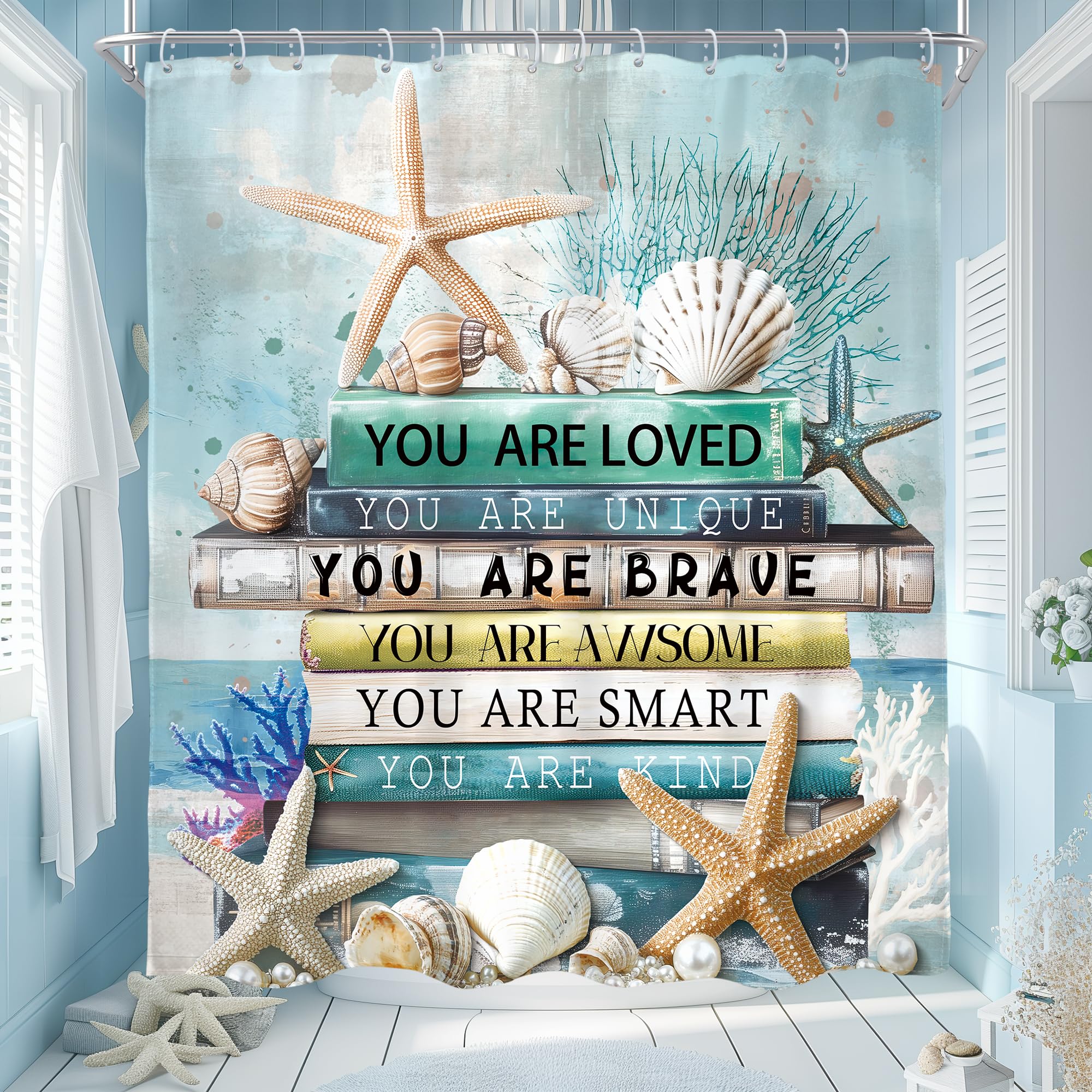 AMBZEK Ocean Books Inspiring Quotes Shower Curtain 60Wx72L Inch Teal Nautical Positive Motivational Starfish Seashell Artwork Cloth Fabric Waterproof