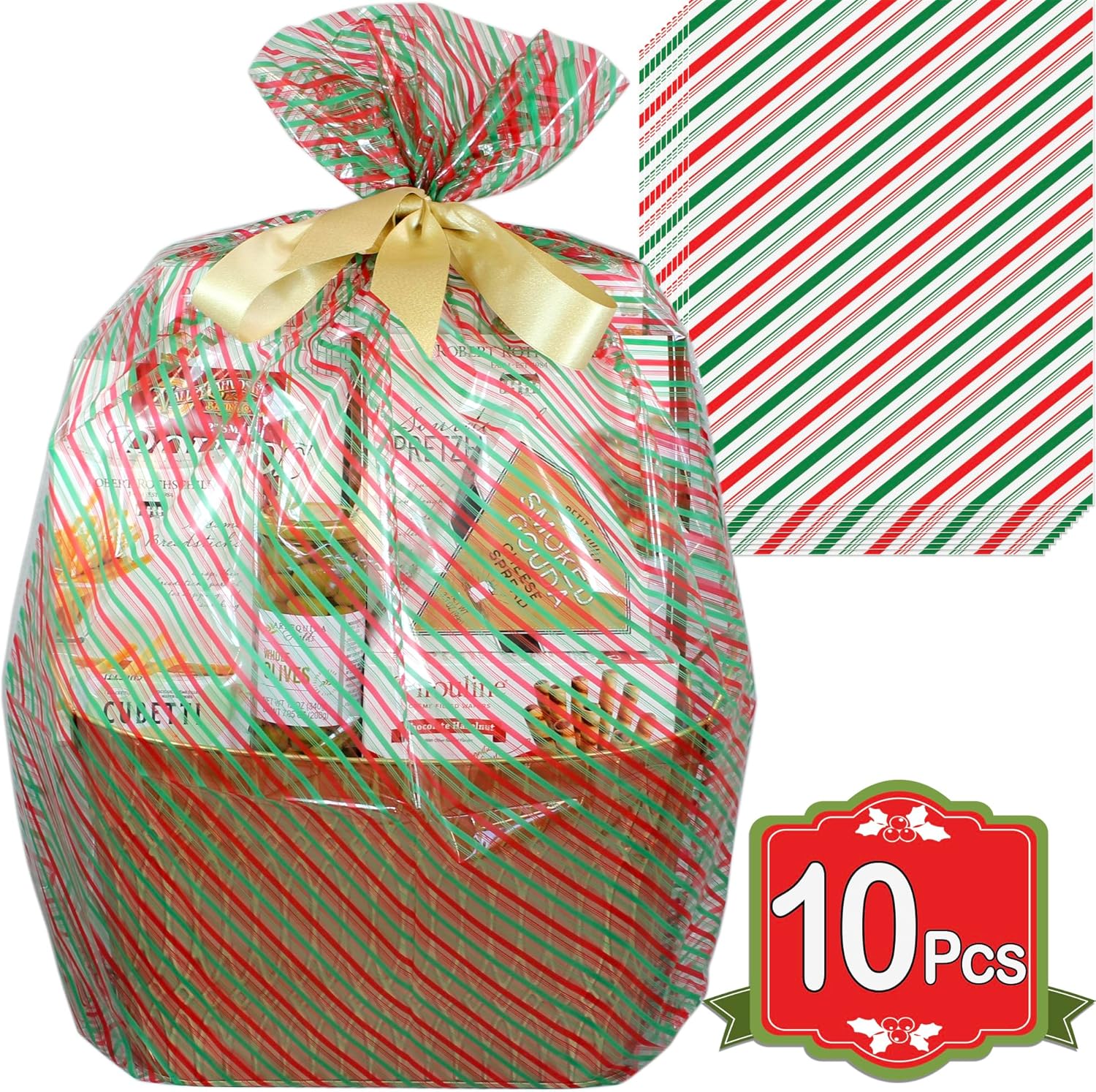AnapoliZ Christmas Cellophane Wrap Bags | 10 Pcs X-Large 24" X 30" | 2.5 Mil Thick Red & Green Bags for Baskets | Gifts Wrapping | Candy Cane Stripes - Image 3