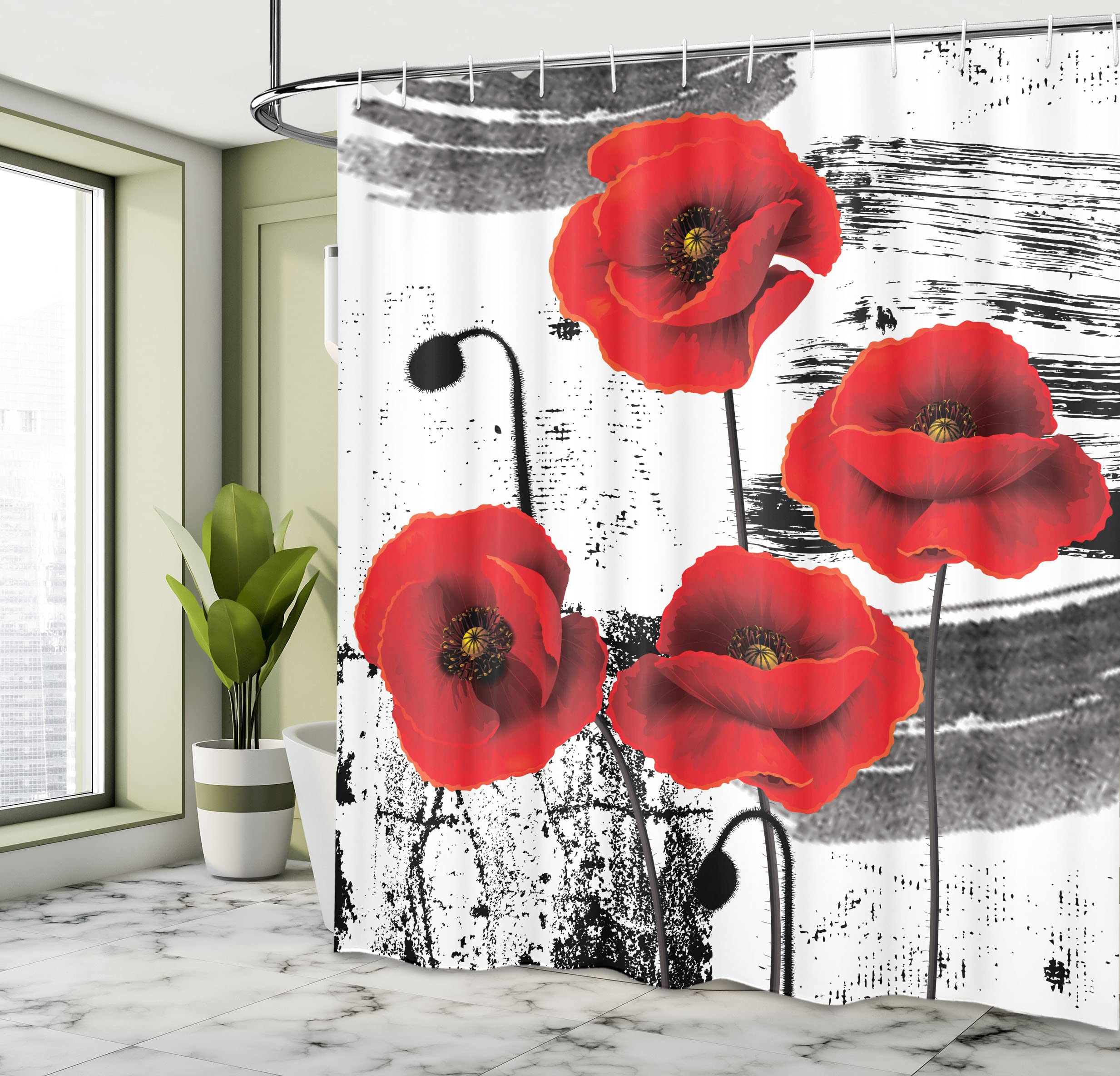 ABAKUHAUS Poppy Shower Curtain, Composition of Blossoming Flowers with Grunge Brush Background - Image 4