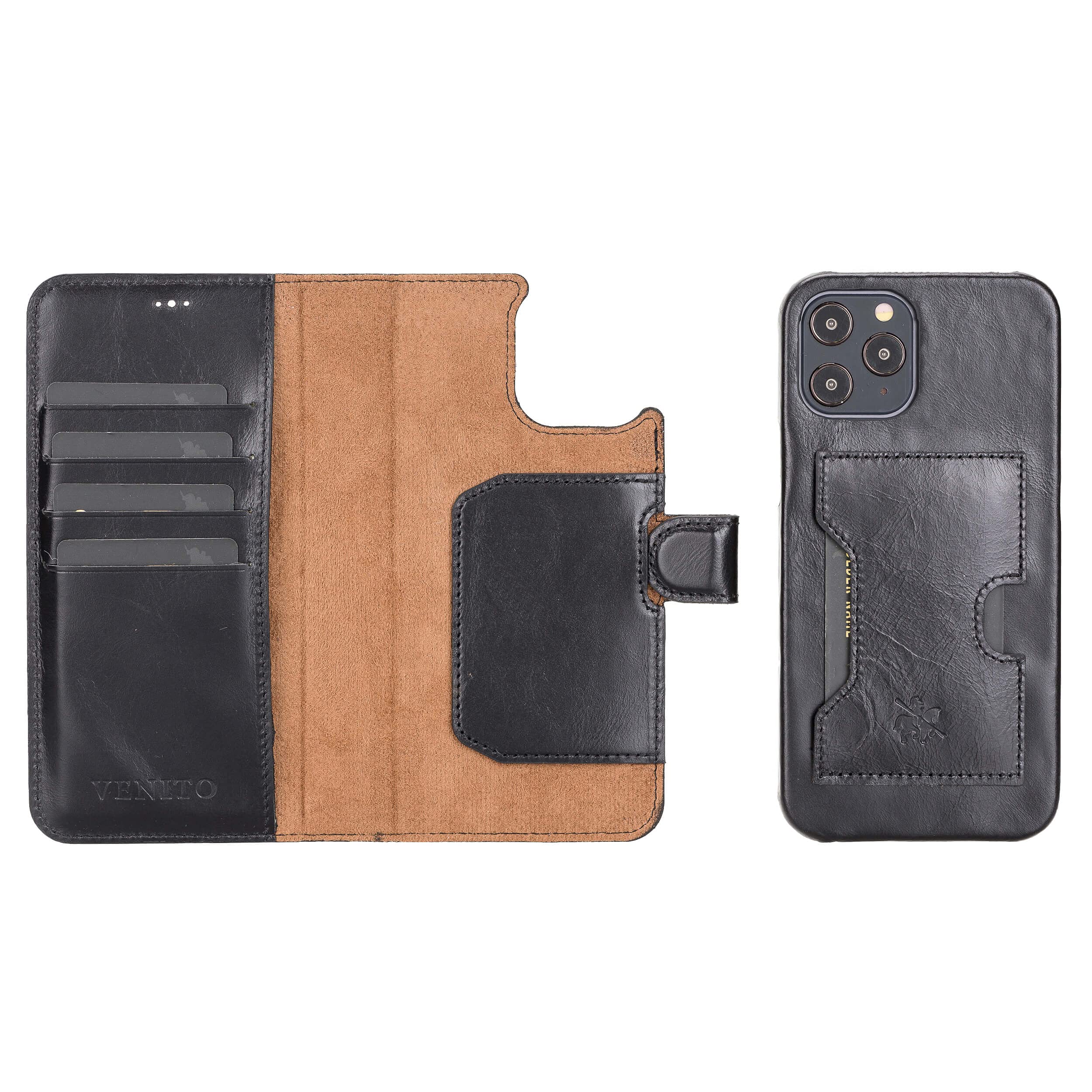 Venito Florence Étui portefeuille en cuir compatible avec iPhone 13 Pro Max (6,7") – Extra sécurisé avec blocage RFID – Portefeuille amovible pour téléphone (noir rustique)