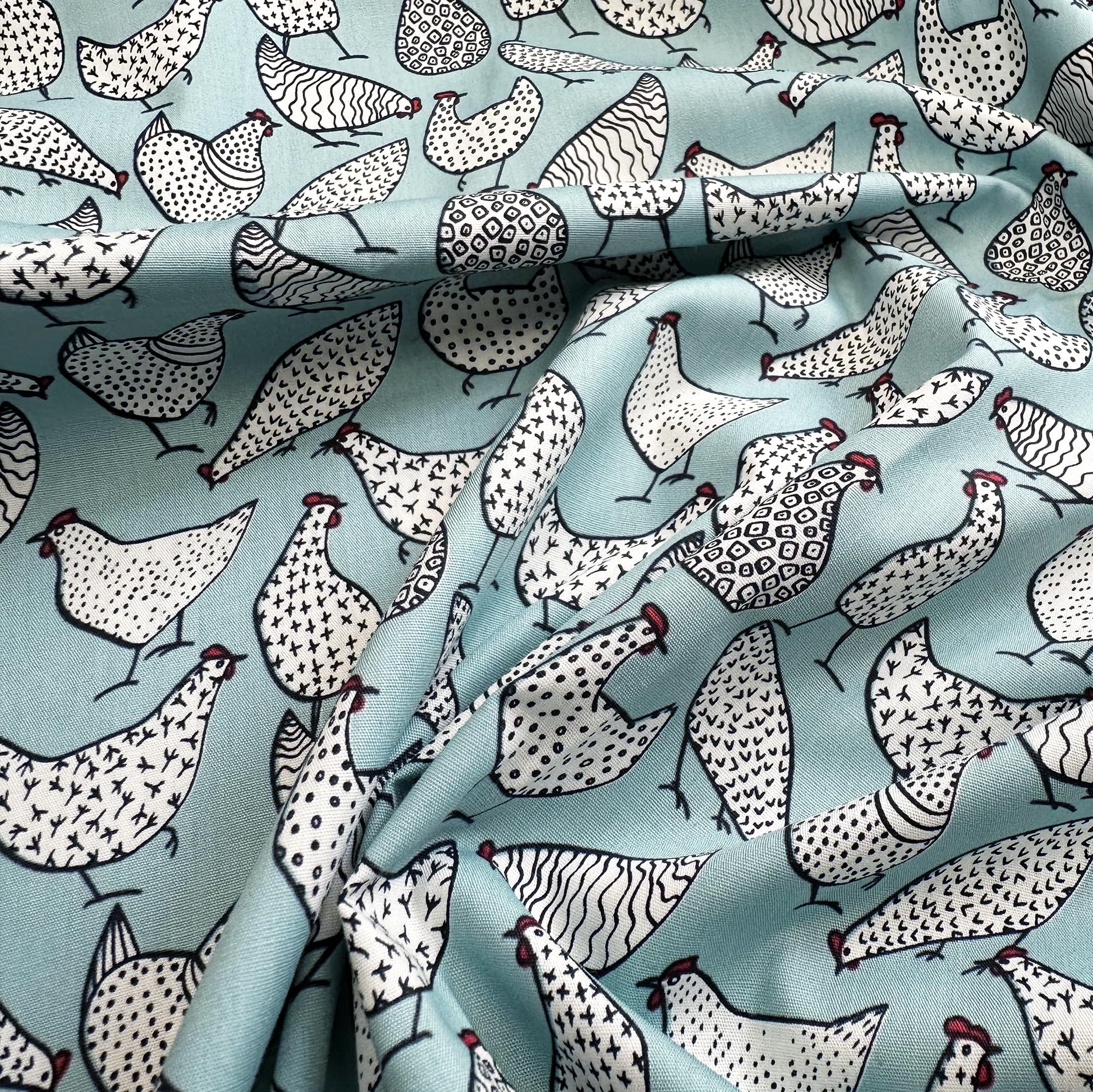 Oddies Duckegg Cotton Poplin 'Chickens' Print Design - Duck Egg Blue Background 112 Cm 100% Cotton Fabric -130Gsm - Per Metre (Duck Egg Blue)