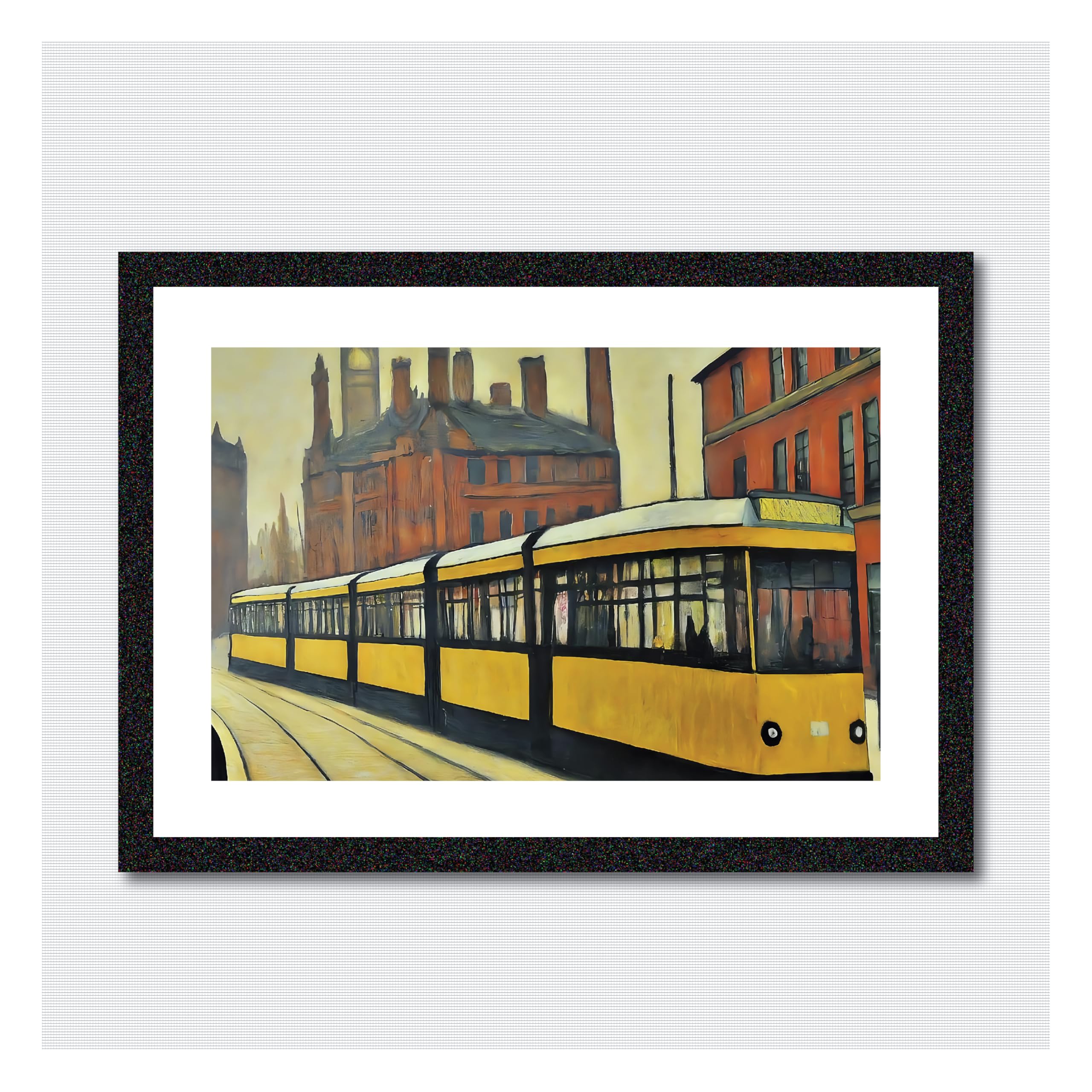 Greetingles Lowry-Style Framed Print. Beautiful Black Ash Frame (Lowry, LS Metrolink Tram), 34L x 24W cm