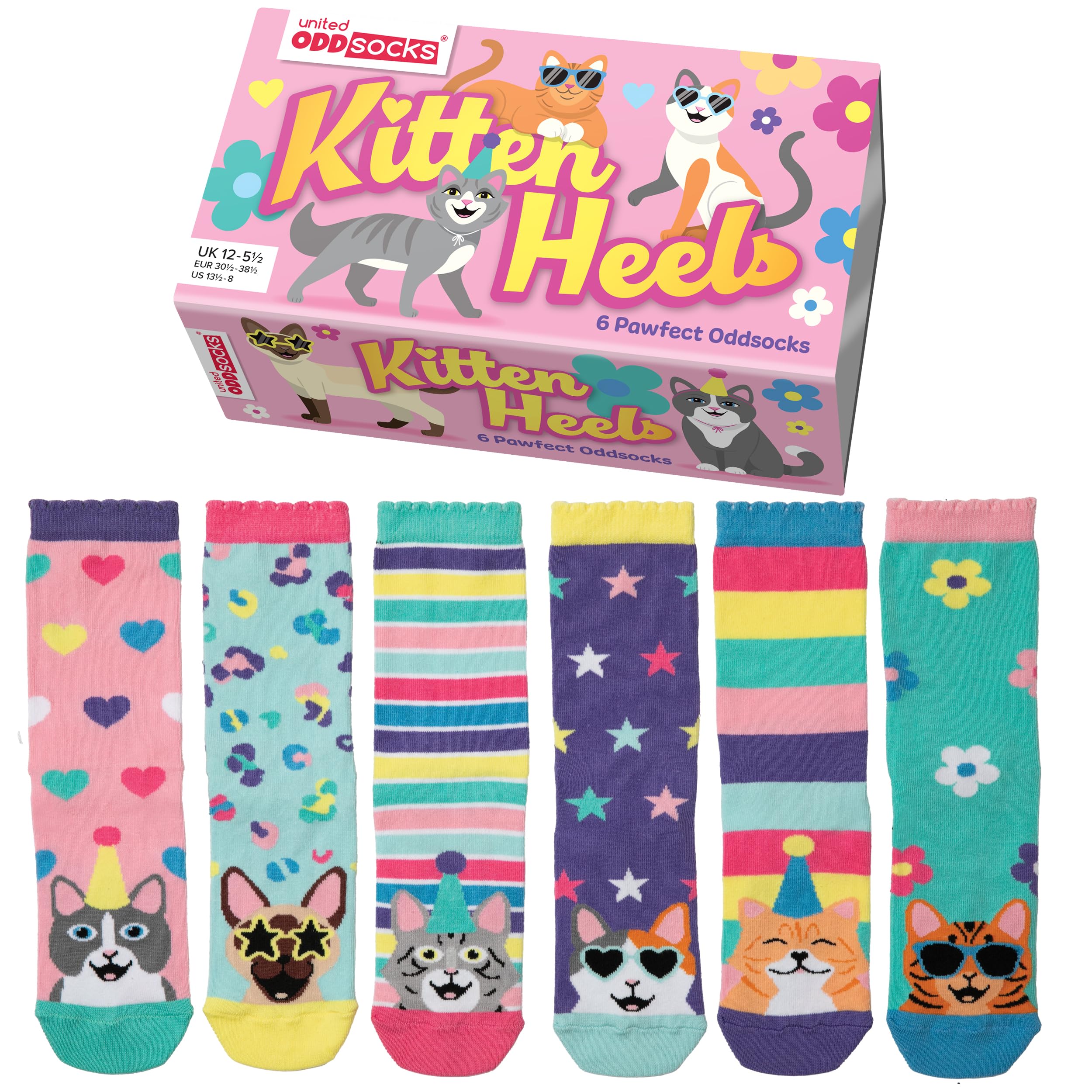 United OddsocksKitten Heels - 6 Colourful Cat-Themed Oddsocks Gift Set for Kids - UK Size 12-5.5, EUR 30.5-38.5, US 13.5-8 - Mix & Mismatch Fun Cat Socks in Gift Box - Cotton Rich & Breathable