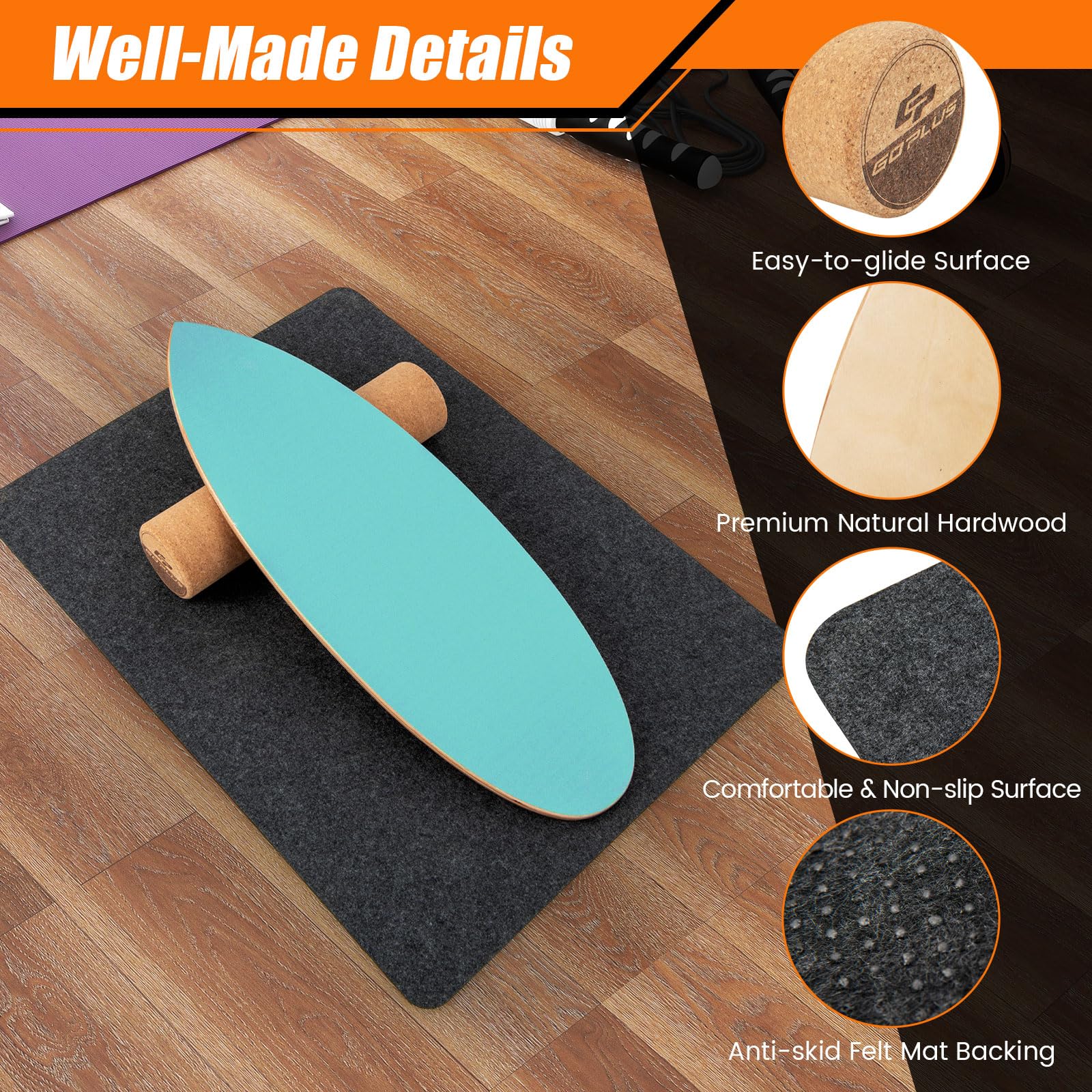 FANTASK Balance Board in legno, Balance Trainer Trickboard per la casa, con rullo in sughero, Balance Board in 8 strati di legno di alta qualità, colore blu
